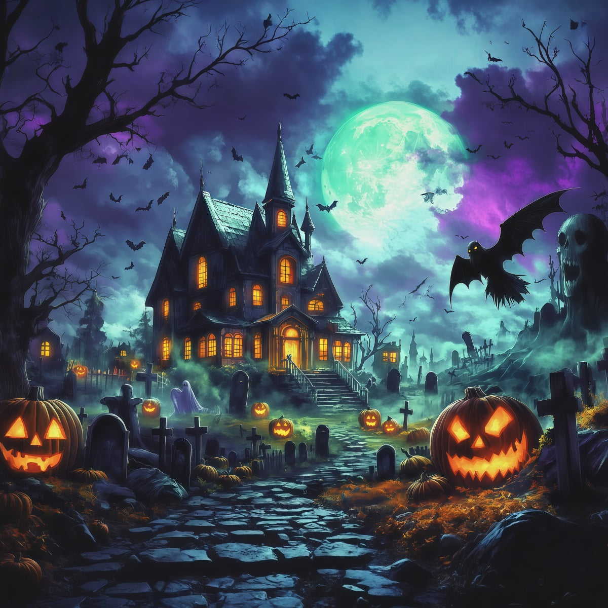 Halloween Backdrop Haunted House Moonlit Pumpkin Manor Magical Christmas Backdrop RR67-165