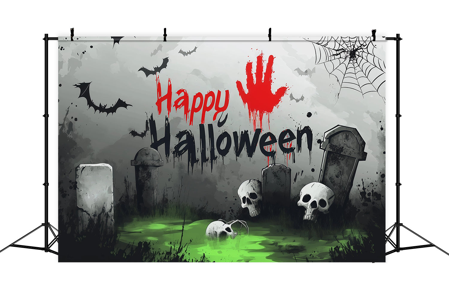 Tombstone Backdrop Bloody Handprint Skull Graveyard Halloween Party Picture Backdrop RR67-168