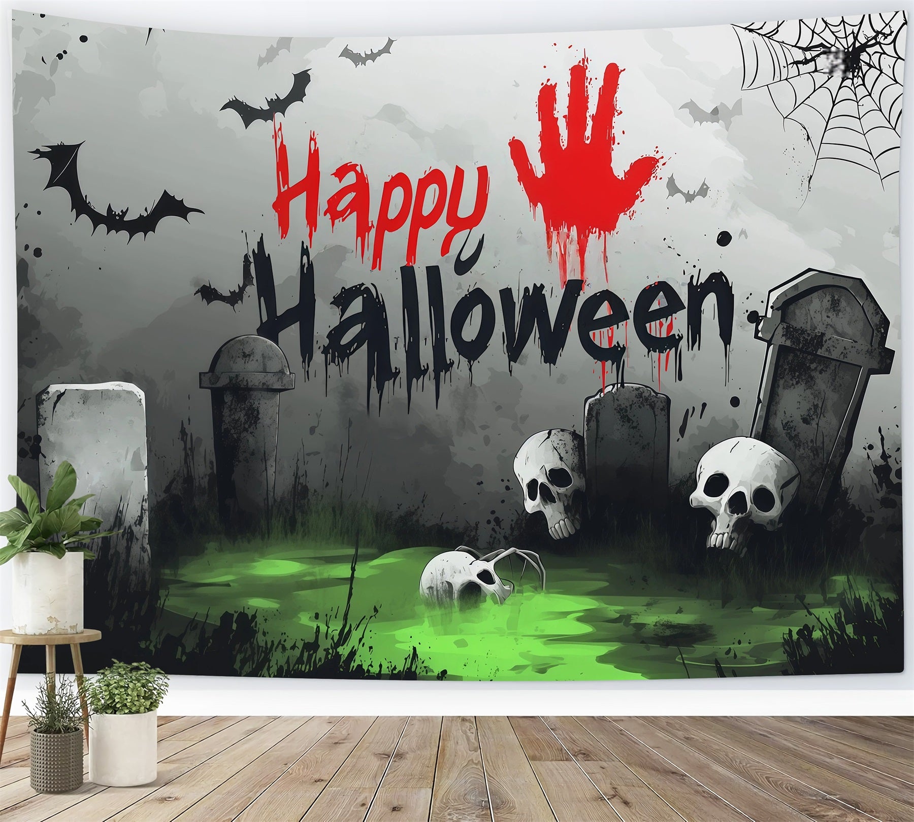 Tombstone Backdrop Bloody Handprint Skull Graveyard Halloween Party Picture Backdrop RR67-168