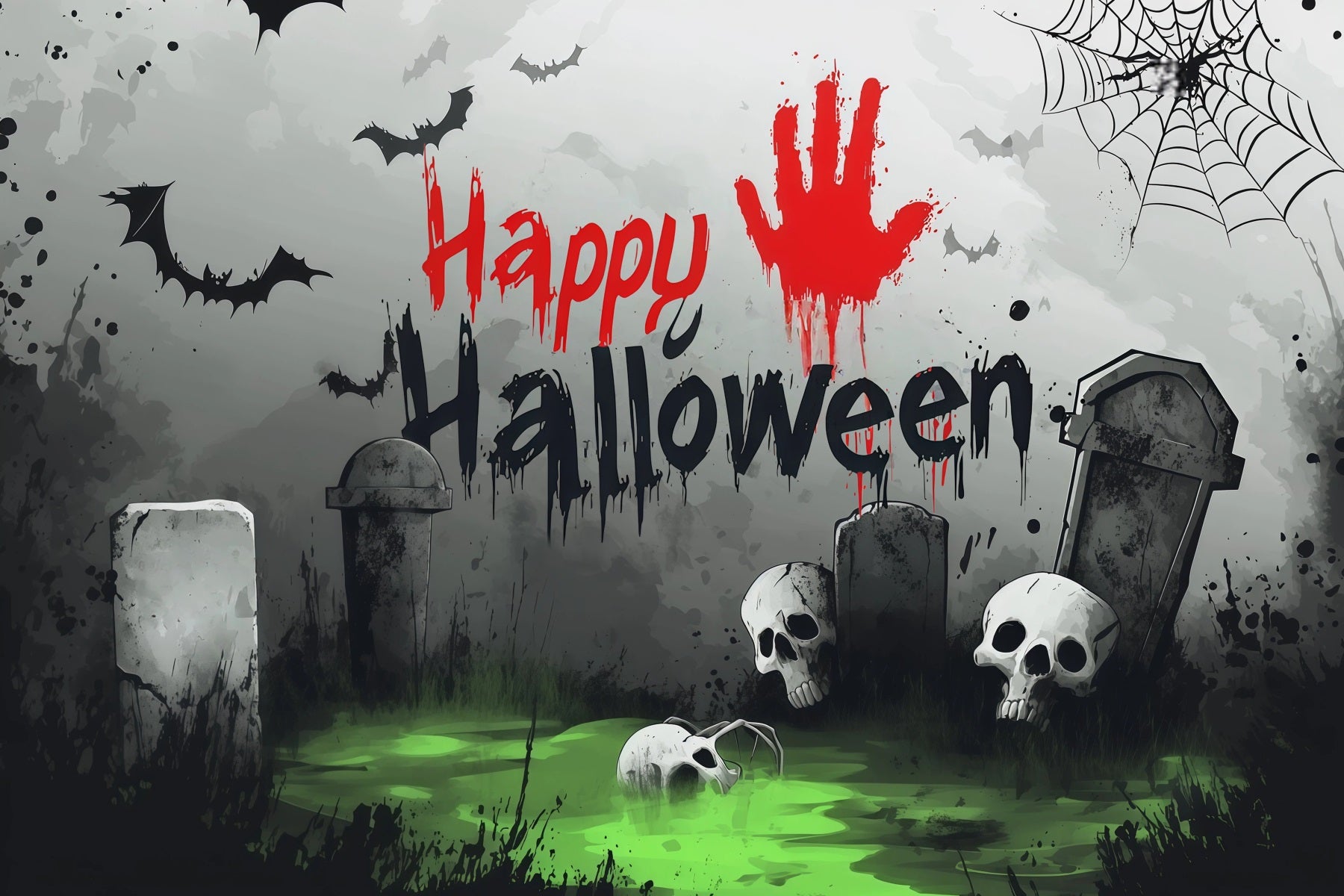 Tombstone Backdrop Bloody Handprint Skull Graveyard Halloween Party Picture Backdrop RR67-168
