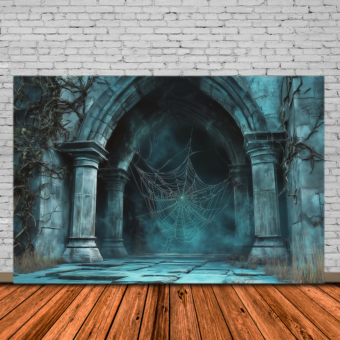 Spiderweb Backdrop Foggy Gothic Stone Archway Magical Backdrops RR67-169