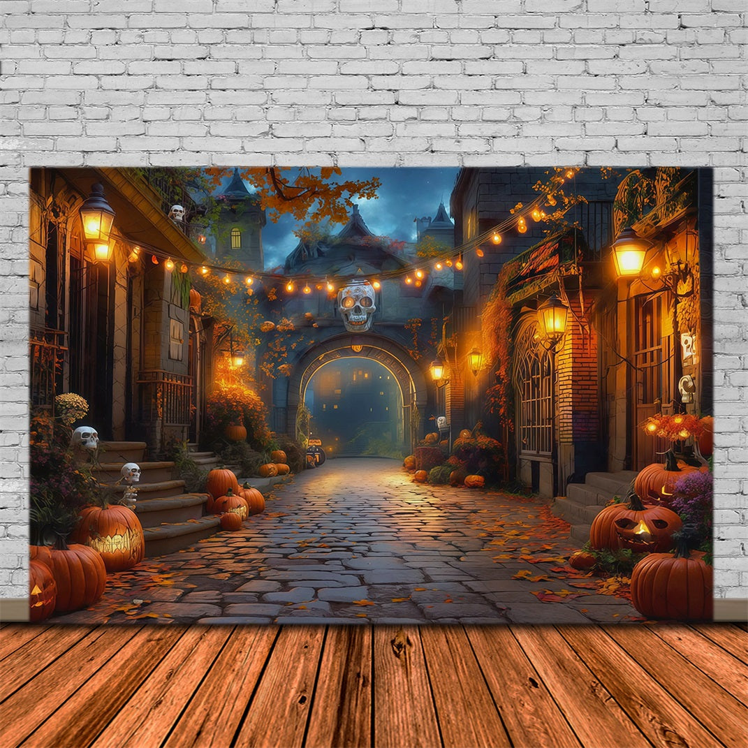 Fall Halloween Backdrop Pumpkin Alley Skull Lanterns Scary Halloween Backdrops RR67-17