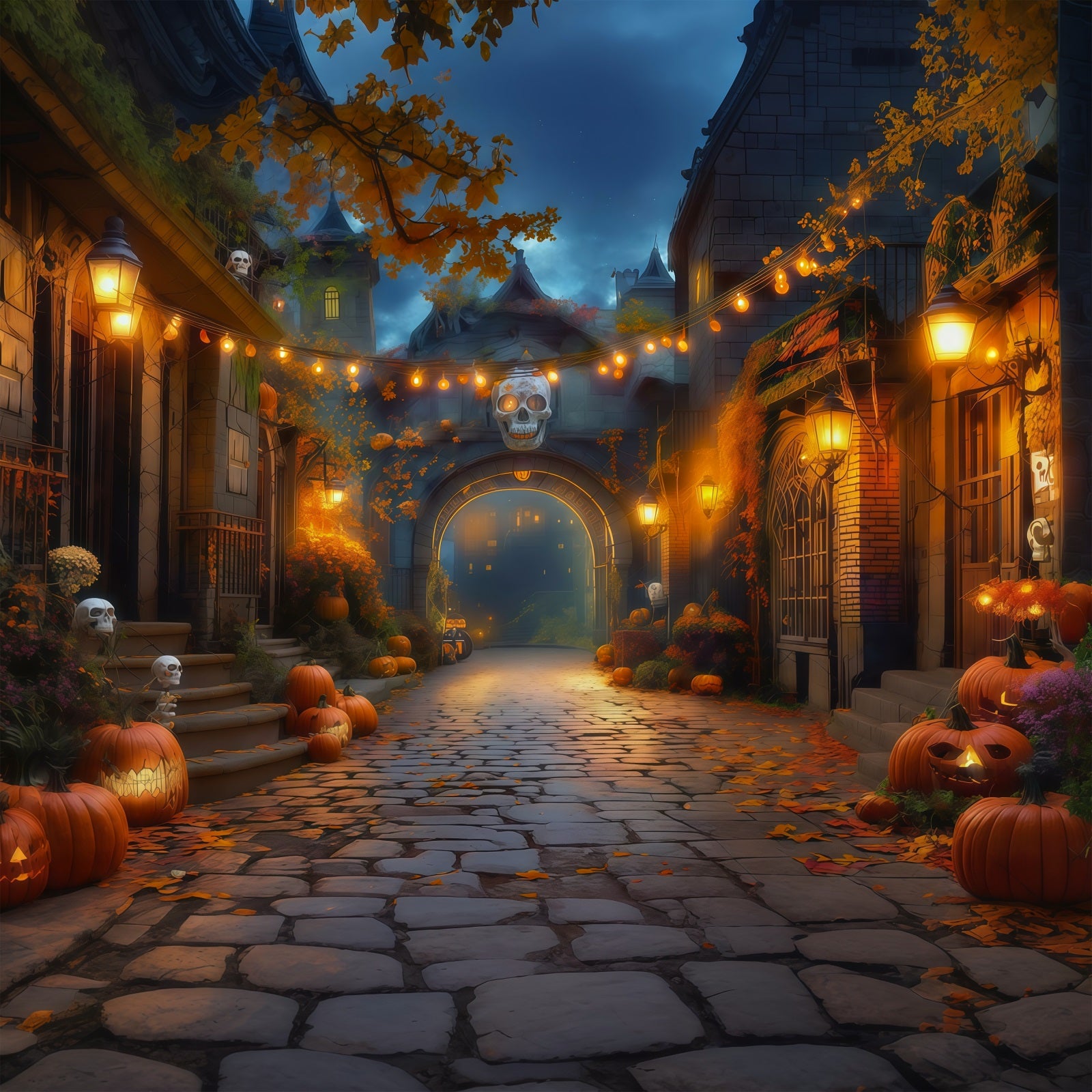 Fall Halloween Backdrop Pumpkin Alley Skull Lanterns Scary Halloween Backdrops RR67-17