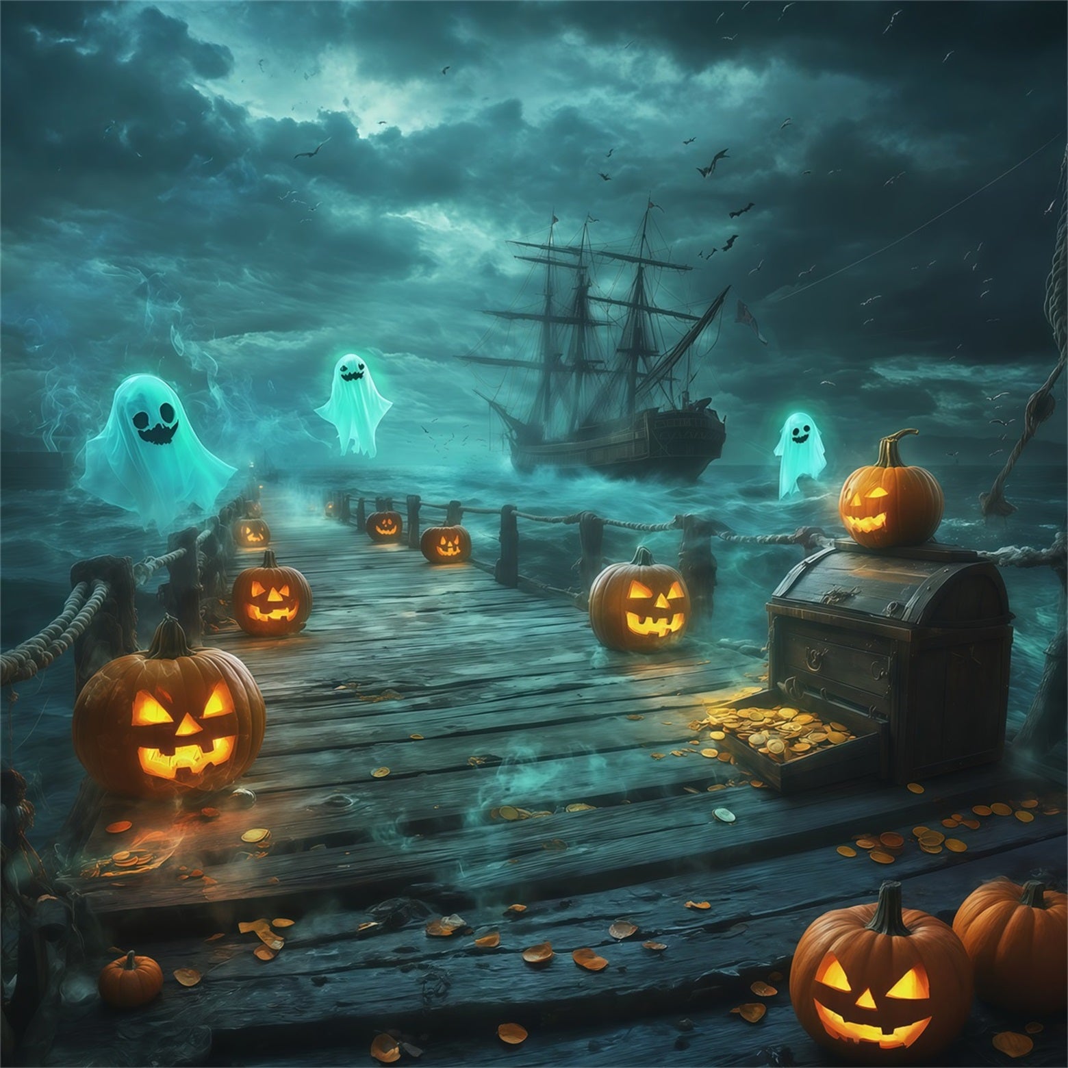 Halloween Pirate Backdrop Ghost Pirate Pumpkin Harbor Cute Halloween Backdrops RR67-173