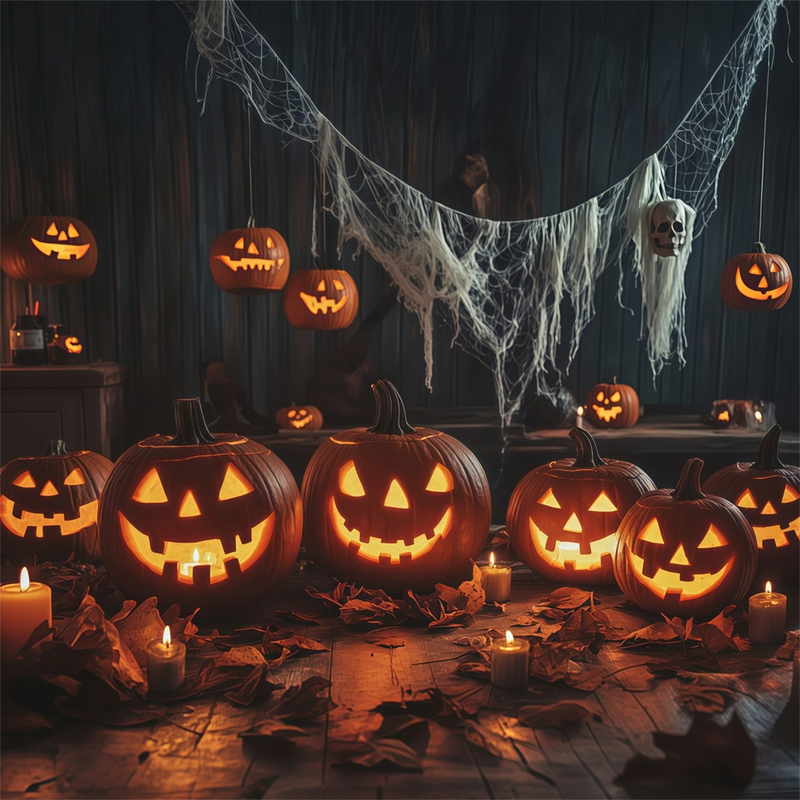 Pumpkin Halloween Backdrop Candlelit Gathering Table Halloween Party Backdrops RR67-174