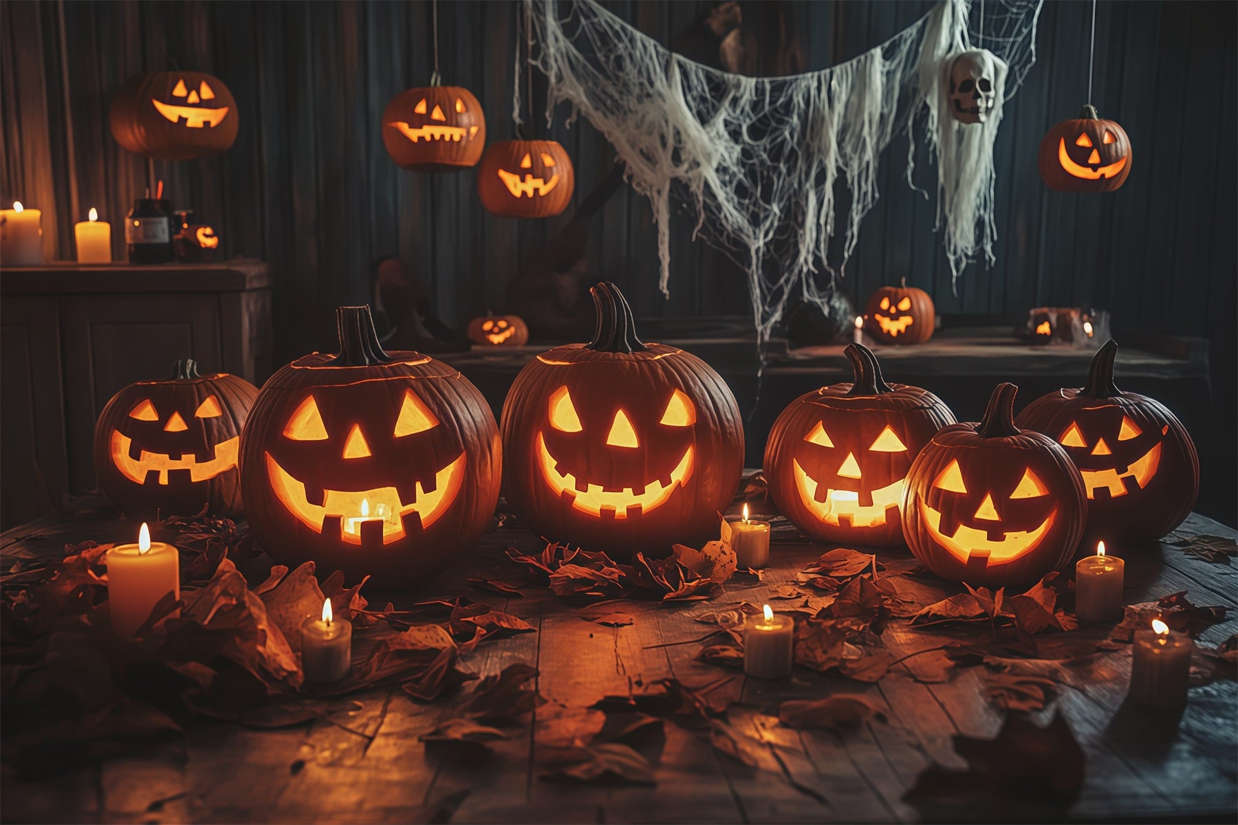 Pumpkin Halloween Backdrop Candlelit Gathering Table Halloween Party Backdrops RR67-174