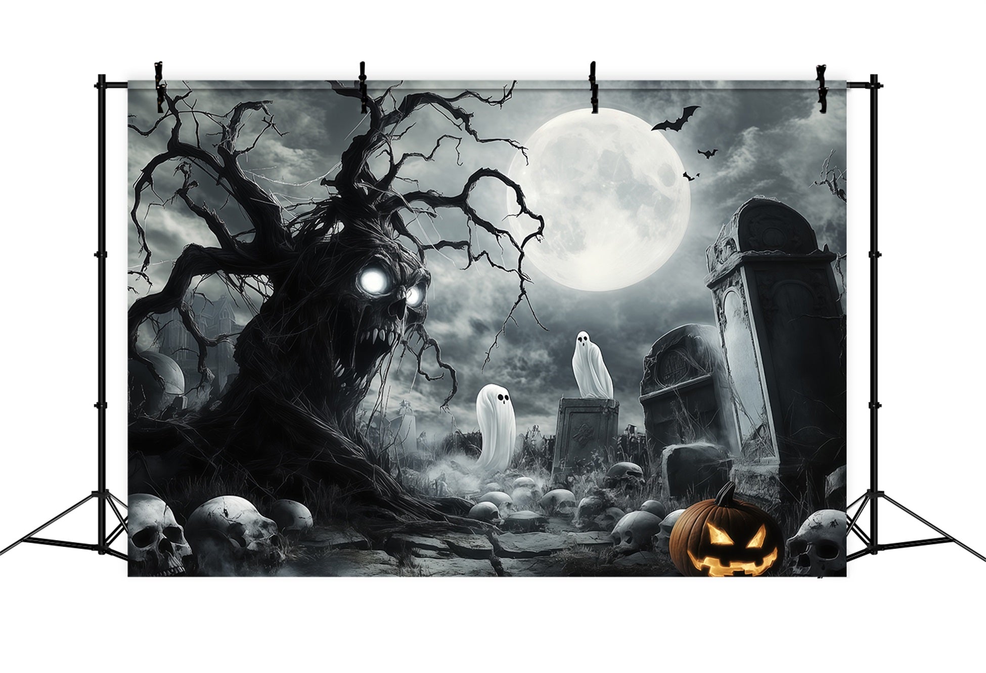 Halloween Ghost Backdrop Ghostly Skull Tree Graveyard Scary Halloween Backdrop RR67-18
