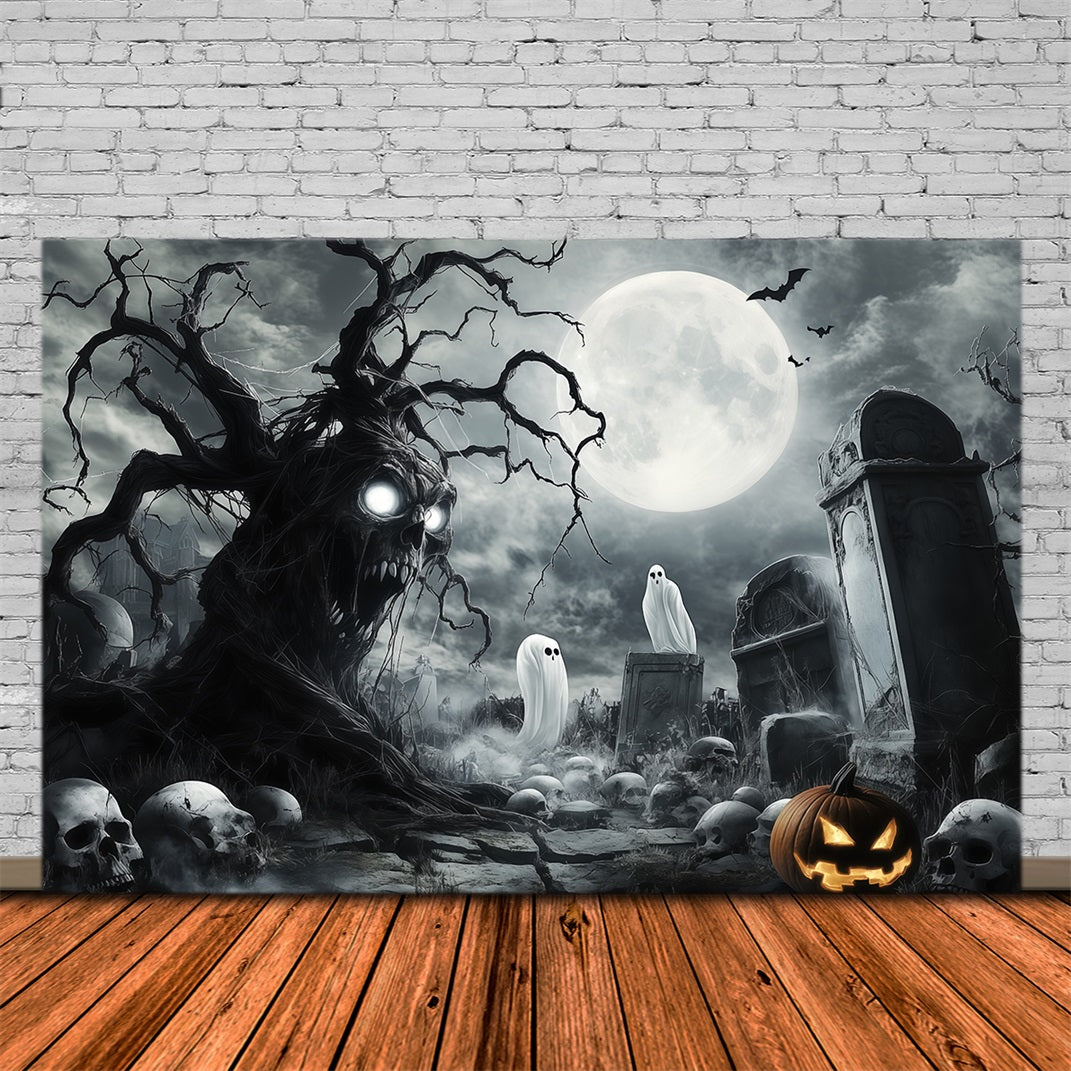 Halloween Ghost Backdrop Ghostly Skull Tree Graveyard Scary Halloween Backdrop RR67-18