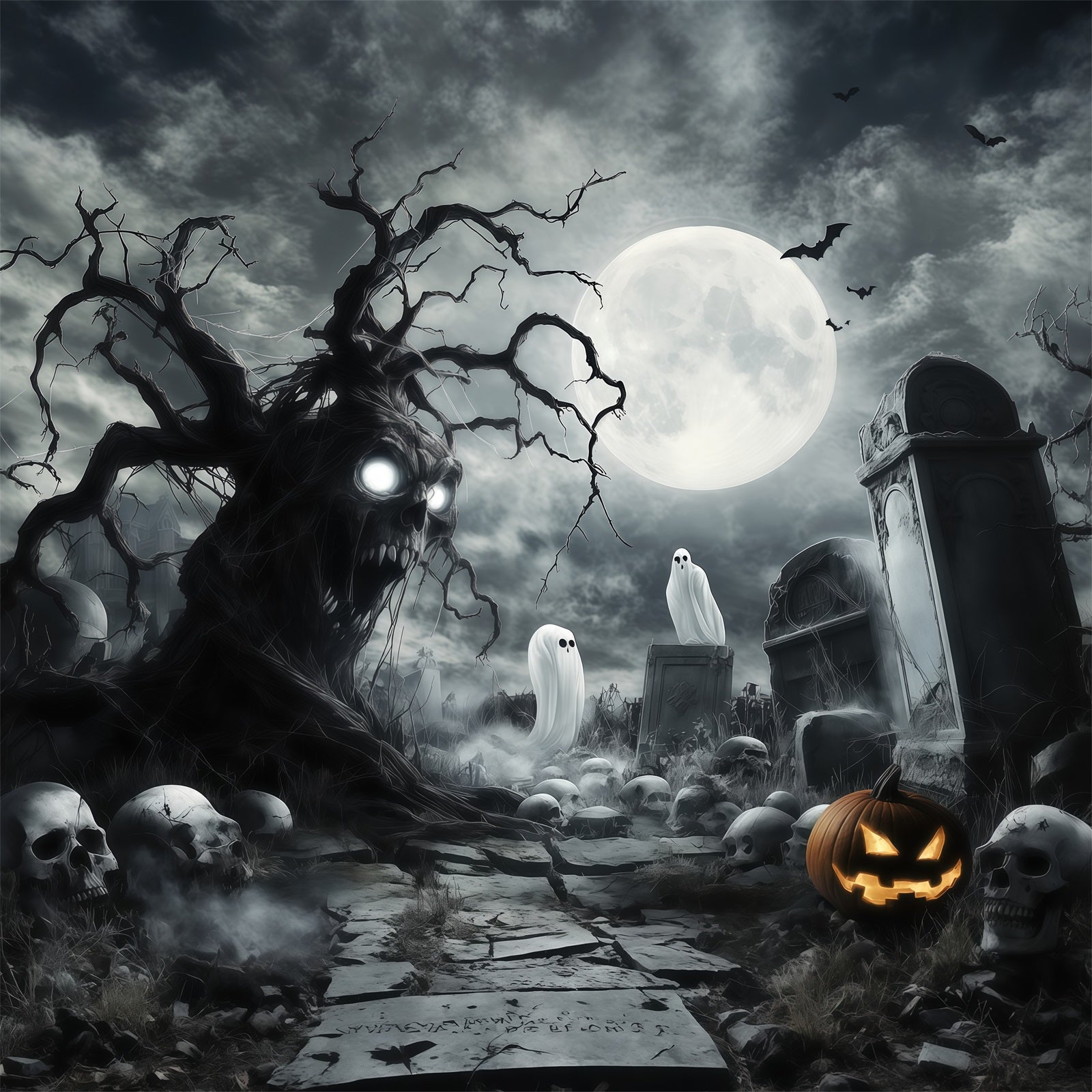 Halloween Ghost Backdrop Ghostly Skull Tree Graveyard Scary Halloween Backdrop RR67-18