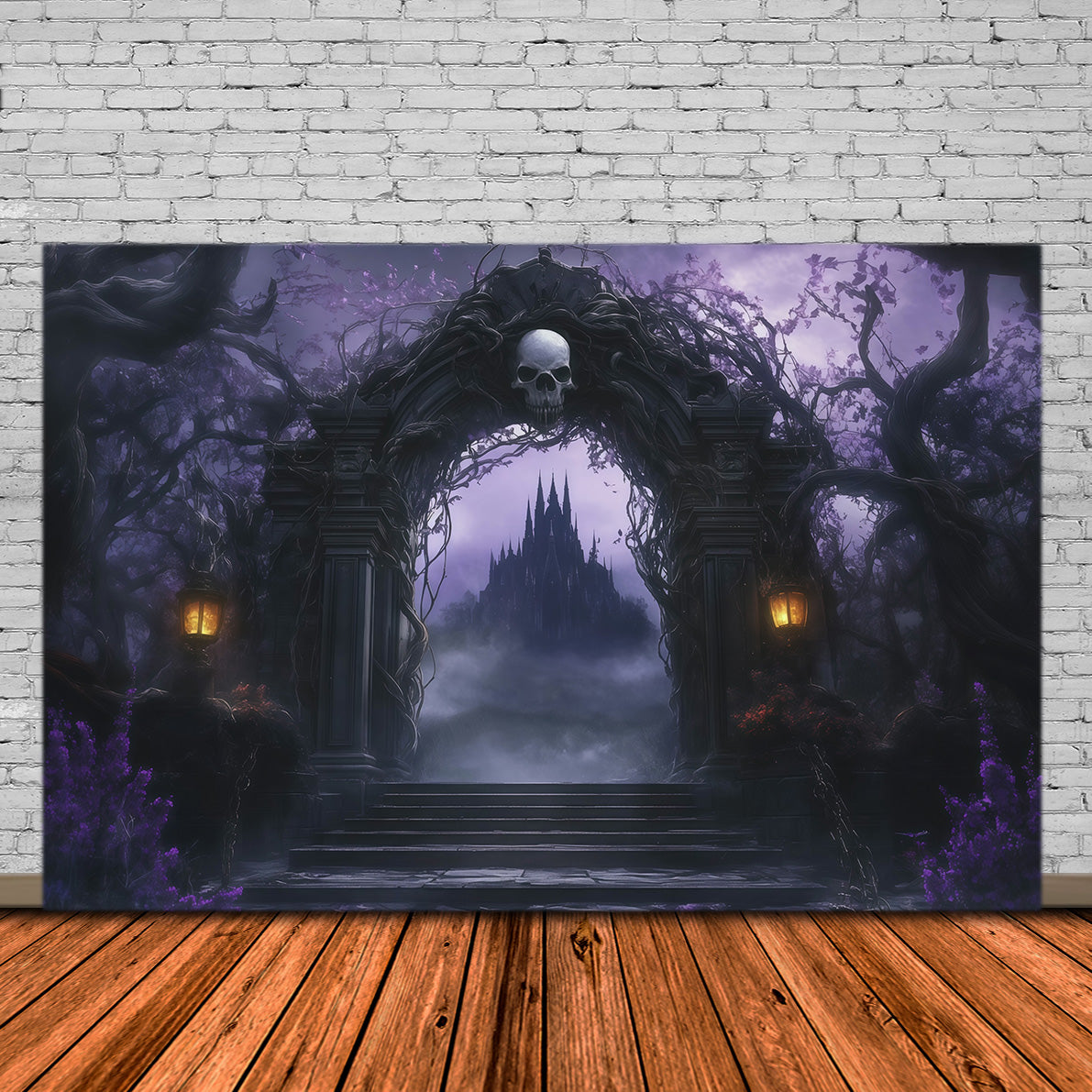 Gothic Castle Backdrop Skull Arch Castle Path Fall Halloween Backdrop RR67-181