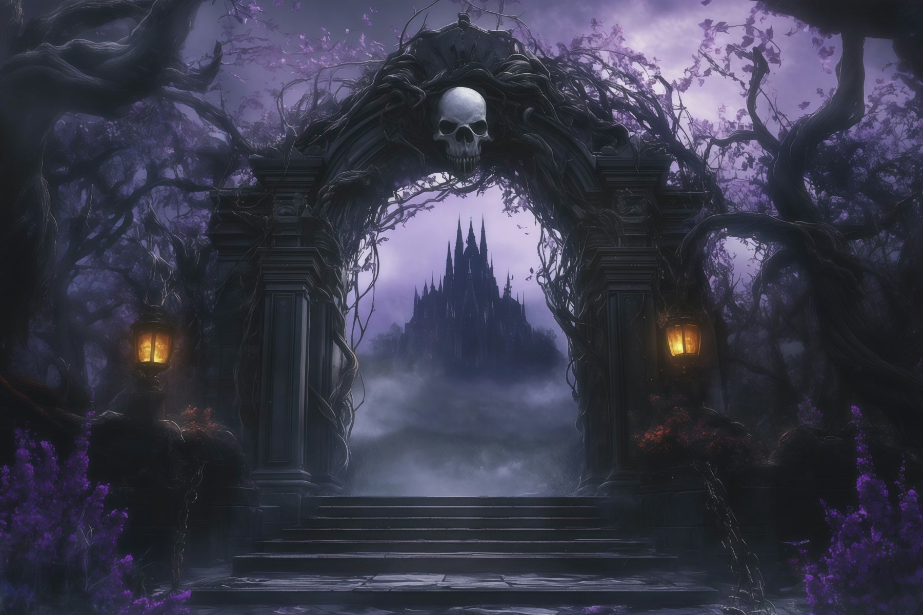 Gothic Castle Backdrop Skull Arch Castle Path Fall Halloween Backdrop RR67-181
