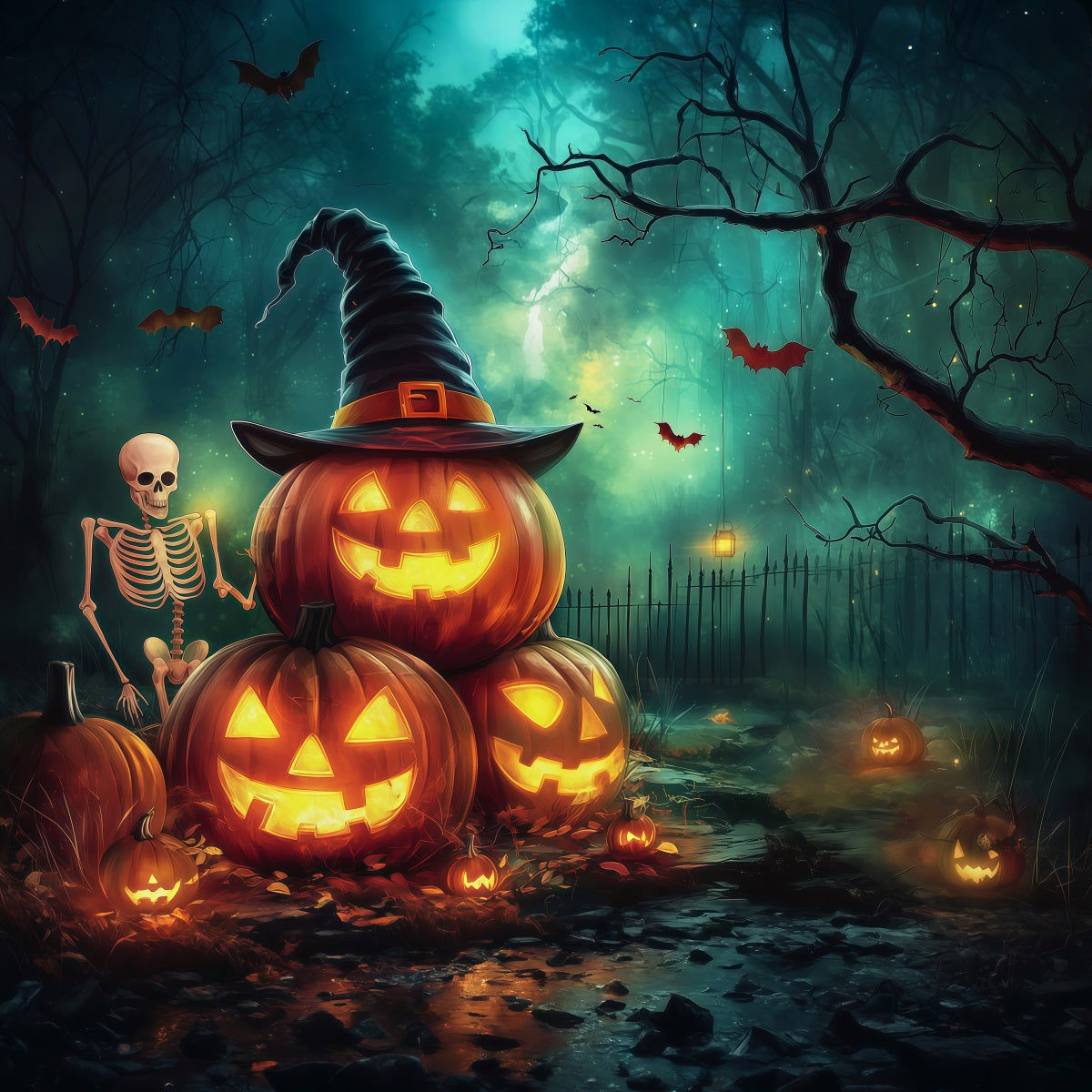Pumpkin Back Drop Witch Skeleton Forest Backdrop Halloween Photo Booth RR67-183
