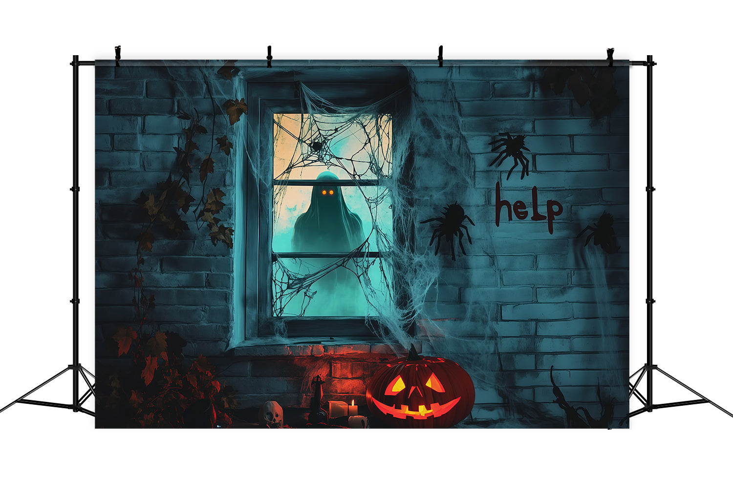 Spooky Girl Window Backdrop Creepy Ghost Webs Halloween Garage Backdrop RR67-188