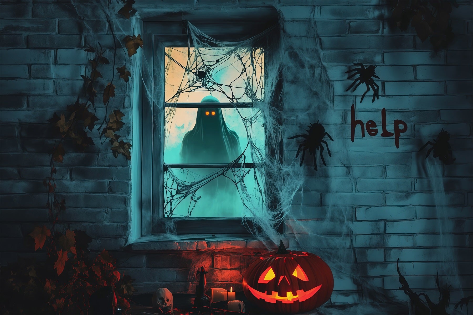 Spooky Girl Window Backdrop Creepy Ghost Webs Halloween Garage Backdrop RR67-188