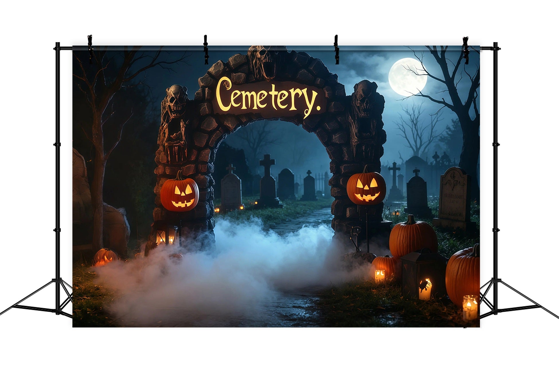 Halloween Cardboard Backdrops Foggy Graveyard Arch Pumpkins Halloween Photography Backdrop RR67-19