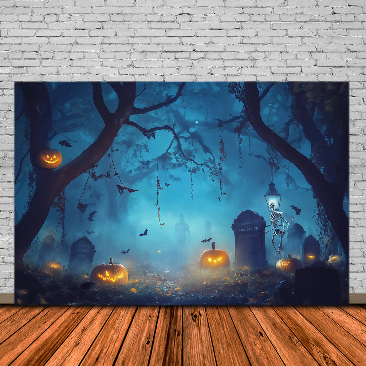 Jackolantern Backdrop Foggy Skeleton Graveyard Scary Halloween Backdrop Ideas RR67-192