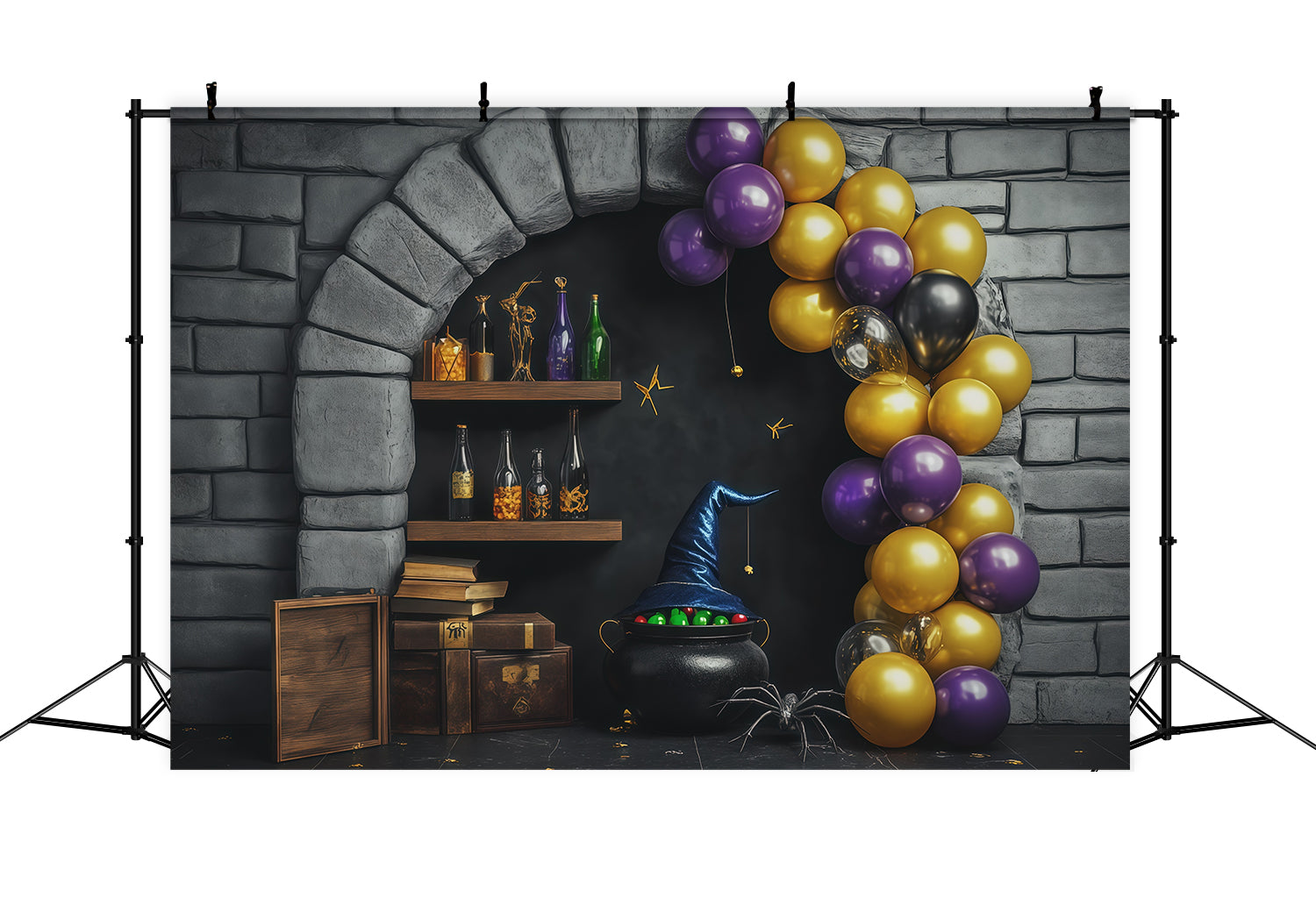 Stone Wall Backdrop Halloween Witch Potion Balloon Alcove Wizard Backdrop RR67-193