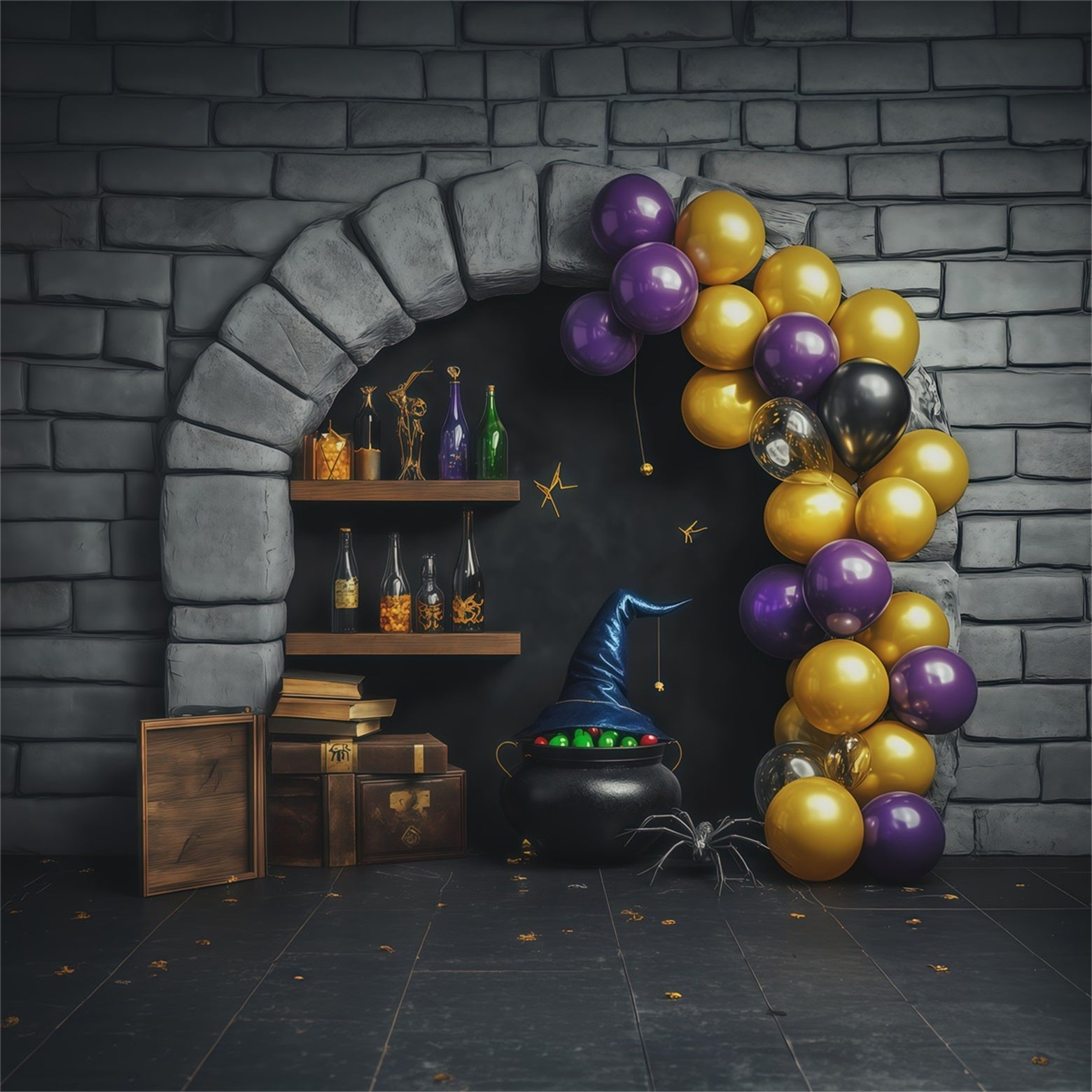 Stone Wall Backdrop Halloween Witch Potion Balloon Alcove Wizard Backdrop RR67-193