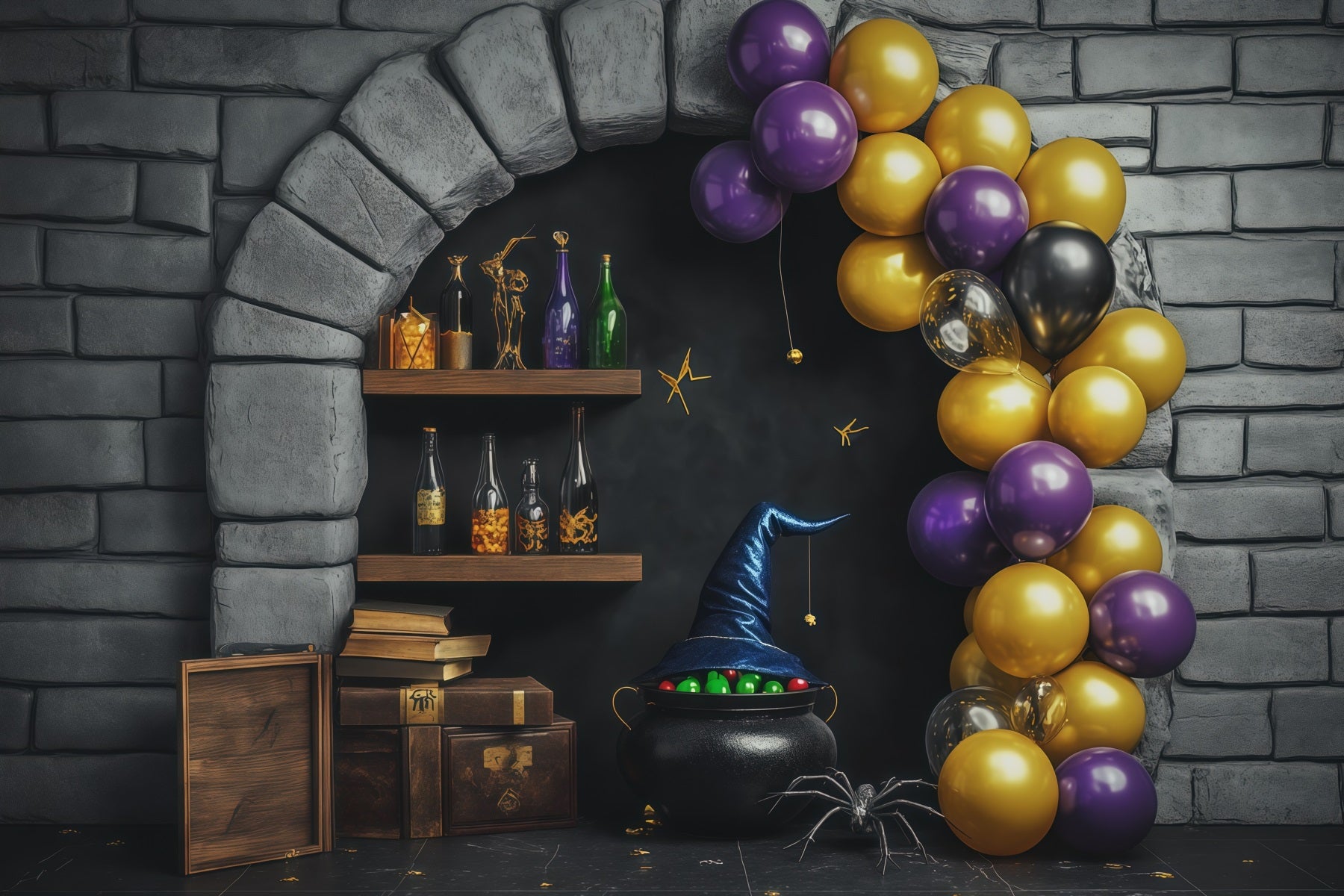 Stone Wall Backdrop Halloween Witch Potion Balloon Alcove Wizard Backdrop RR67-193