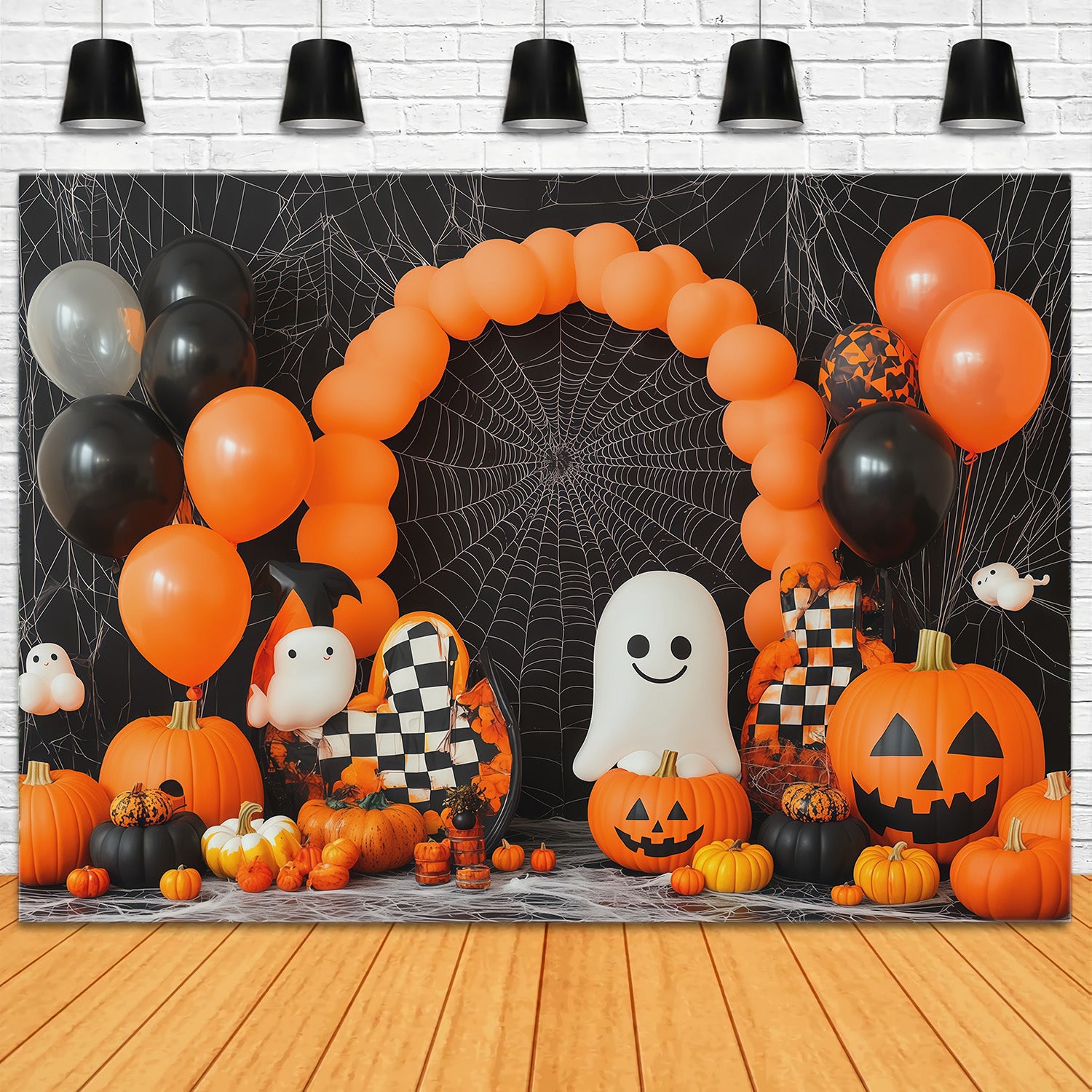 Backdrop Halloween Balloon Arch Ghost Pumpkin Spiderweb Party Fabric Halloween Backdrop RR67-194