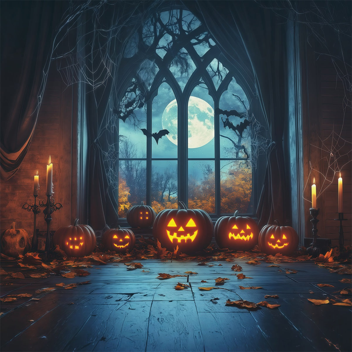 Halloween Backdrop Window Gothic Moonlit Pumpkin Halloween Arch Backdrop RR67-195
