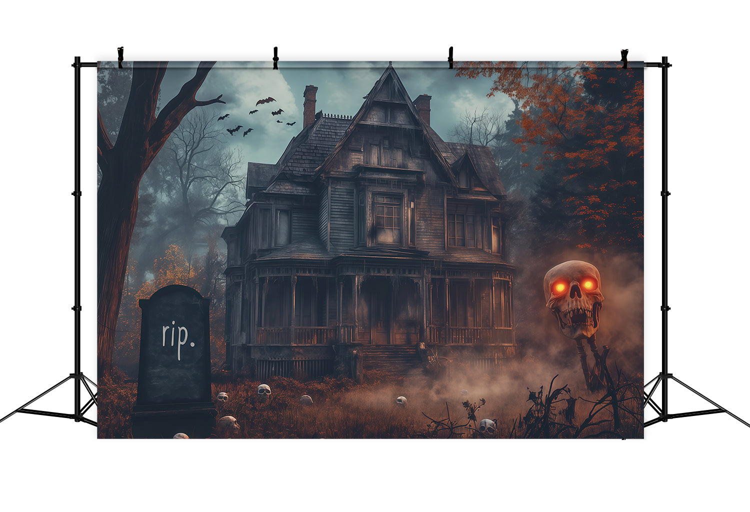 Haunted House Back Drop Foggy Skull Haunted Manor Halloween Backdrop Photo Booth RR67-196