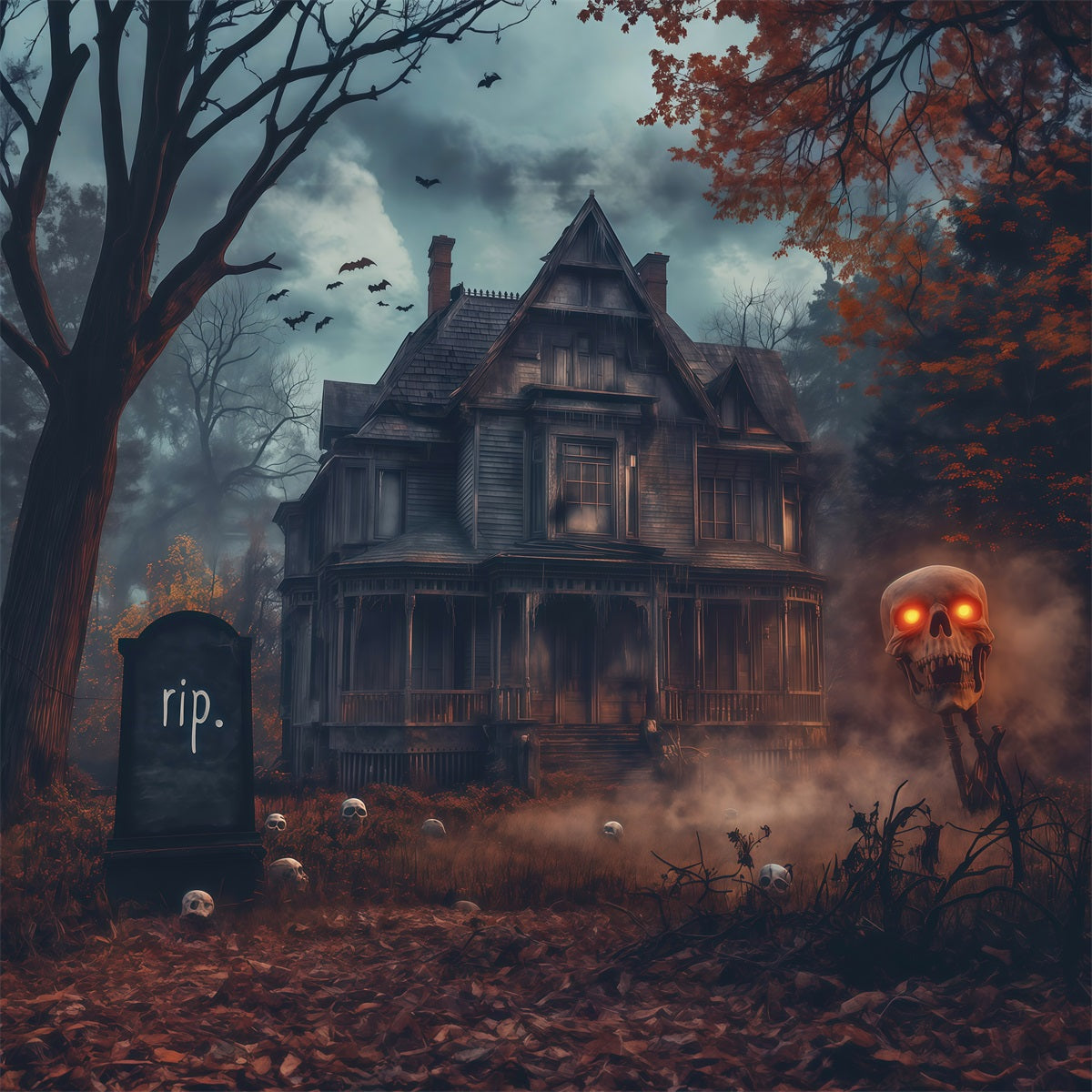 Haunted House Back Drop Foggy Skull Haunted Manor Halloween Backdrop Photo Booth RR67-196