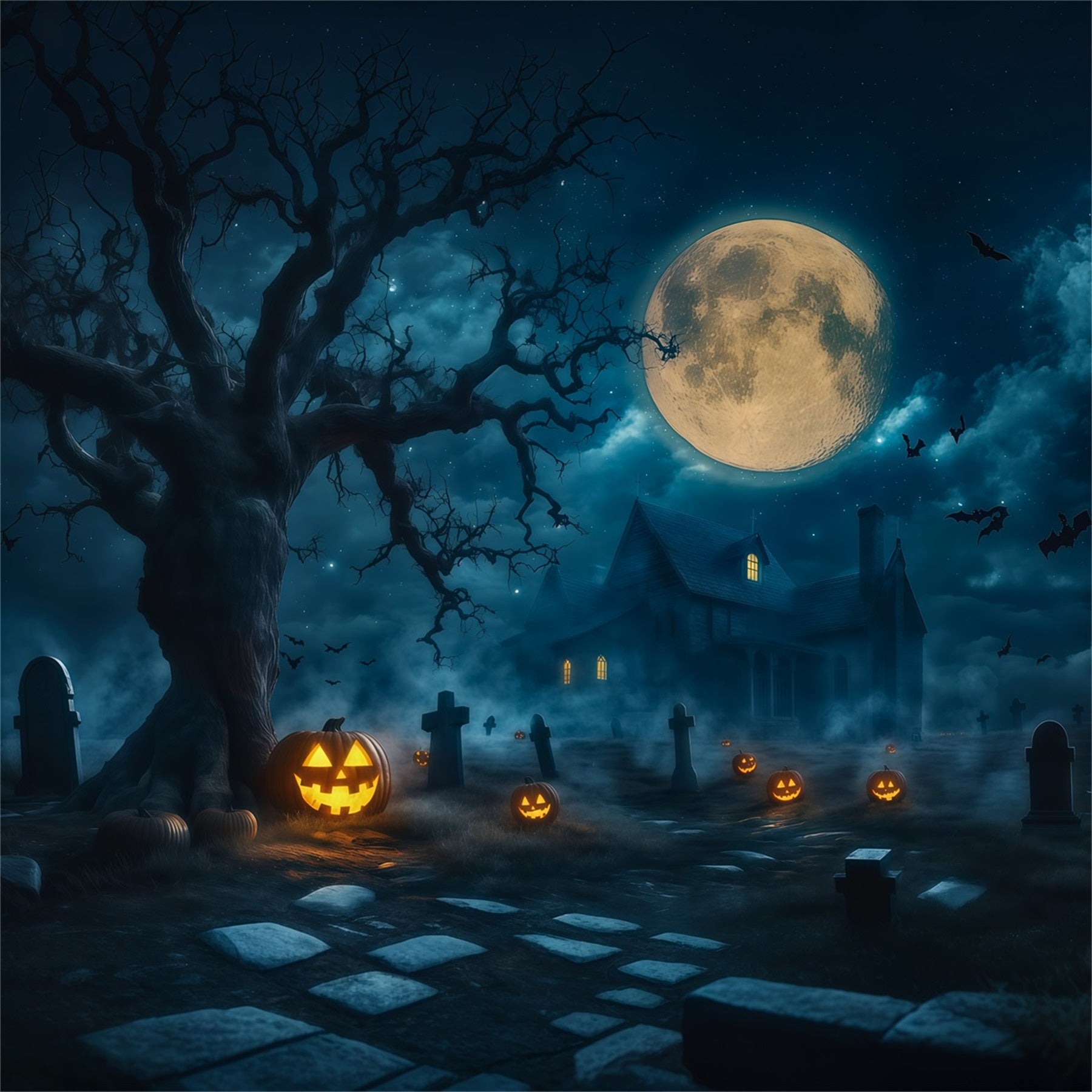 Haunted House Backdrop Banner Moonlit Pumpkin Graveyard Manor Halloween Stage Backdrop RR67-197