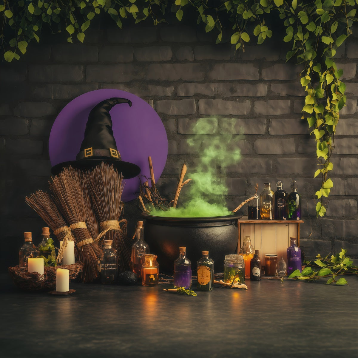 Brick Wall Backdrop Halloween Bubbling Witch Potion Workshop Wizard Of Oz Backdrops RR67-199