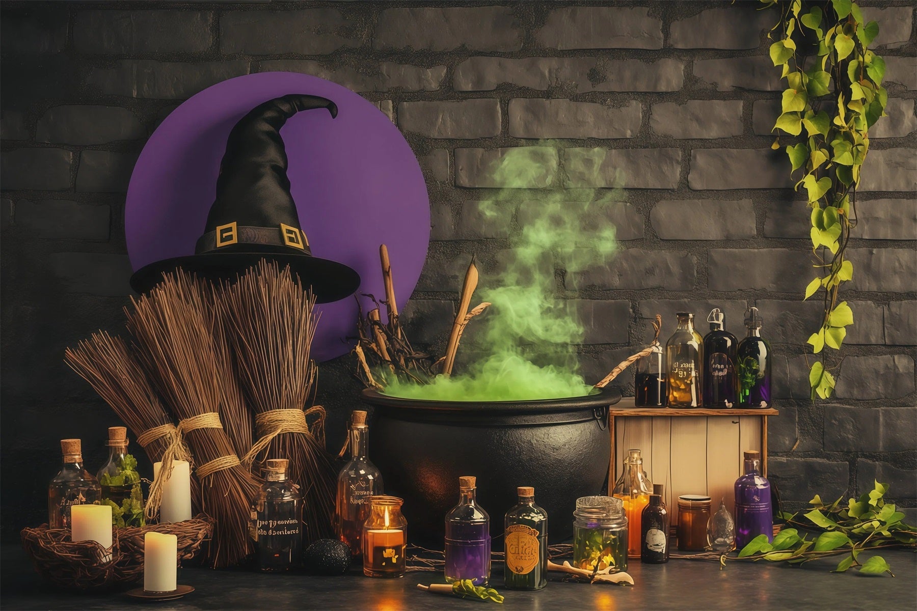 Brick Wall Backdrop Halloween Bubbling Witch Potion Workshop Wizard Of Oz Backdrops RR67-199
