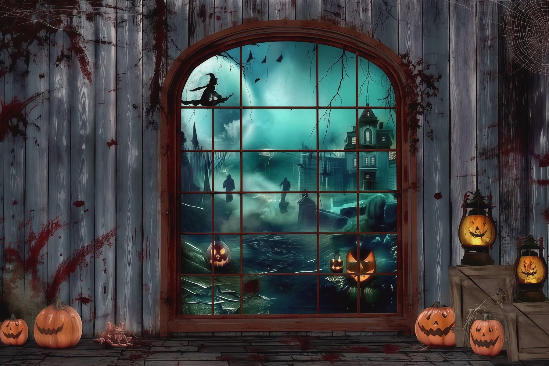 Halloween Bloody Backdrop Gothic Window Witch Pumpkins Halloween Backdrops RR67-2
