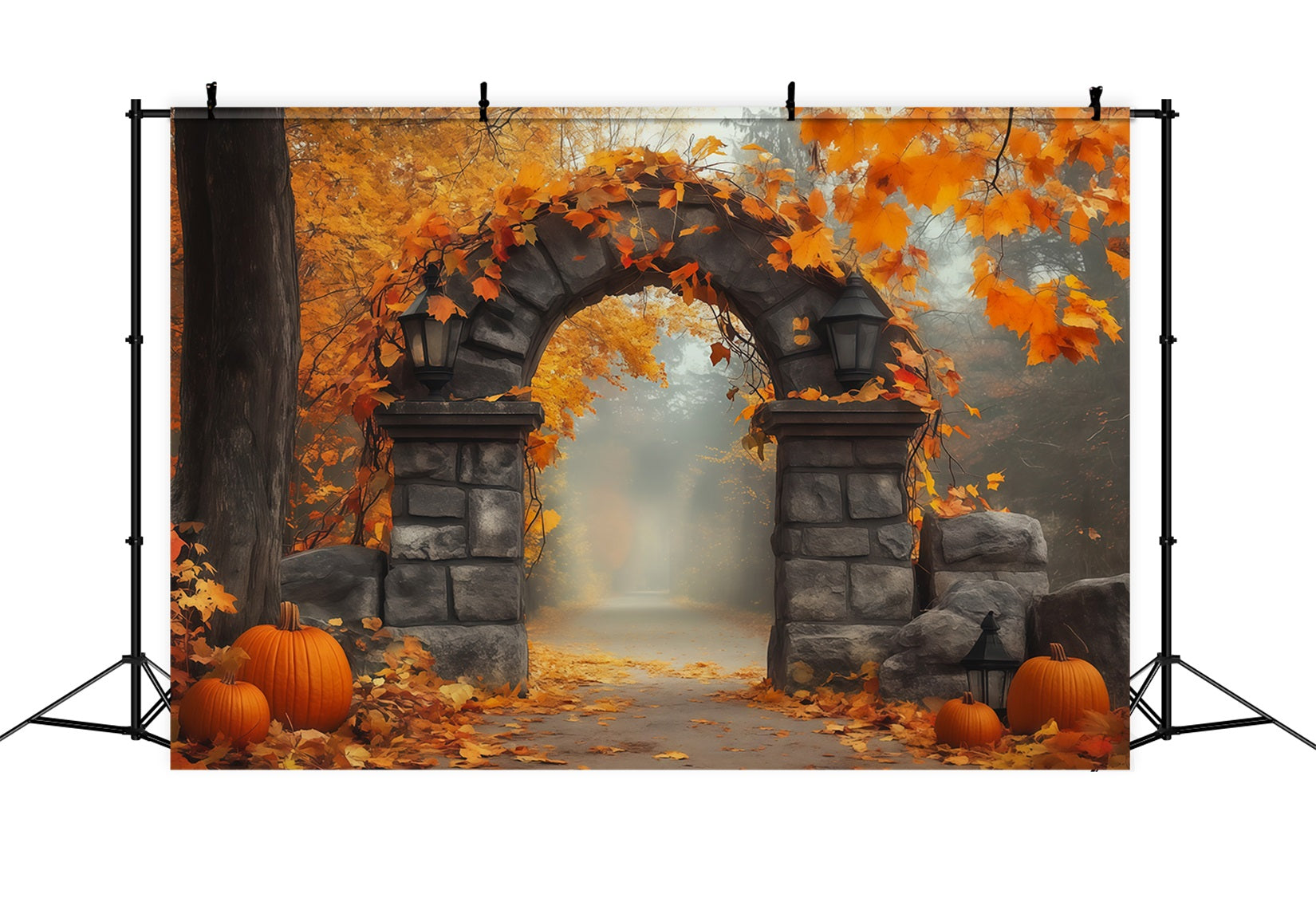 Autumn Backdrop With Pumpkins And Leaves Stone Gateway Photography Backdrops Halloween RR67-200