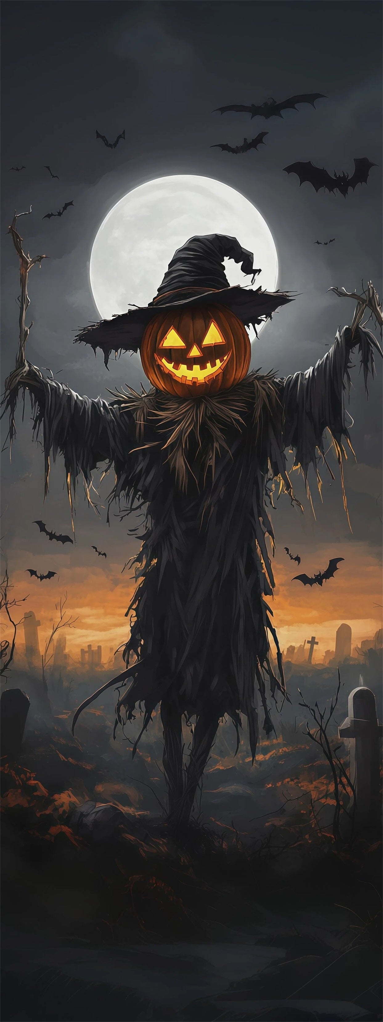 Pumpkin Scarecrow Door Moonlit Graveyard Bat Halloween Home Door Decor RR67-219