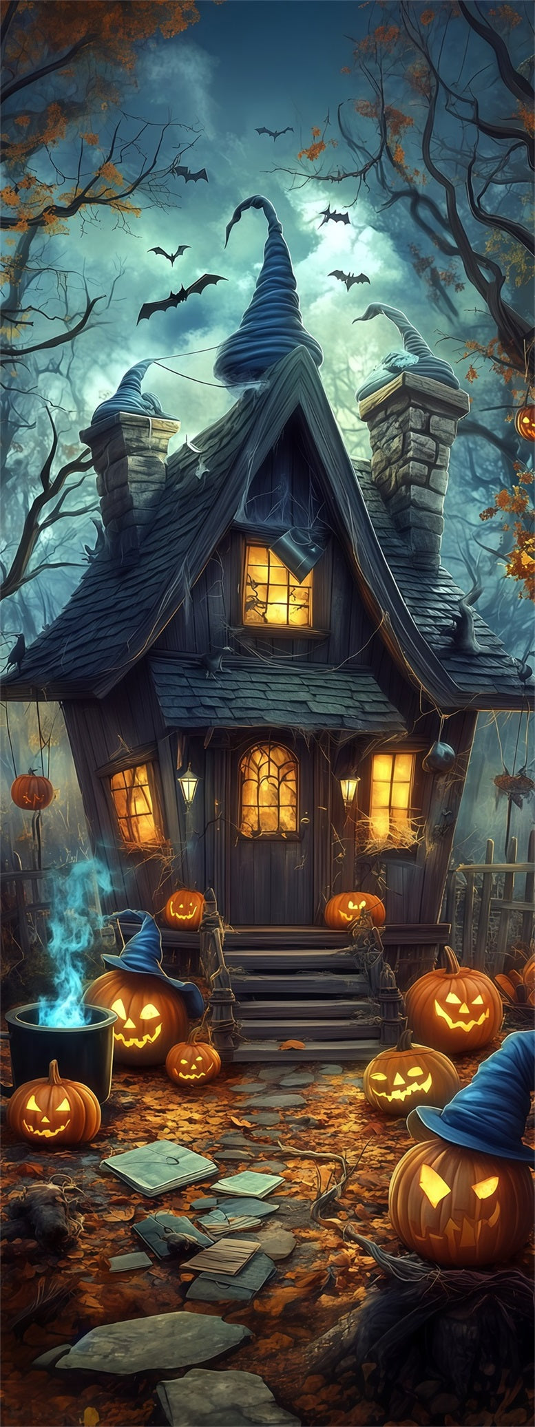 Witch Cottage Door Crooked Gothic House Glow Halloween Door Curtain RR67-228