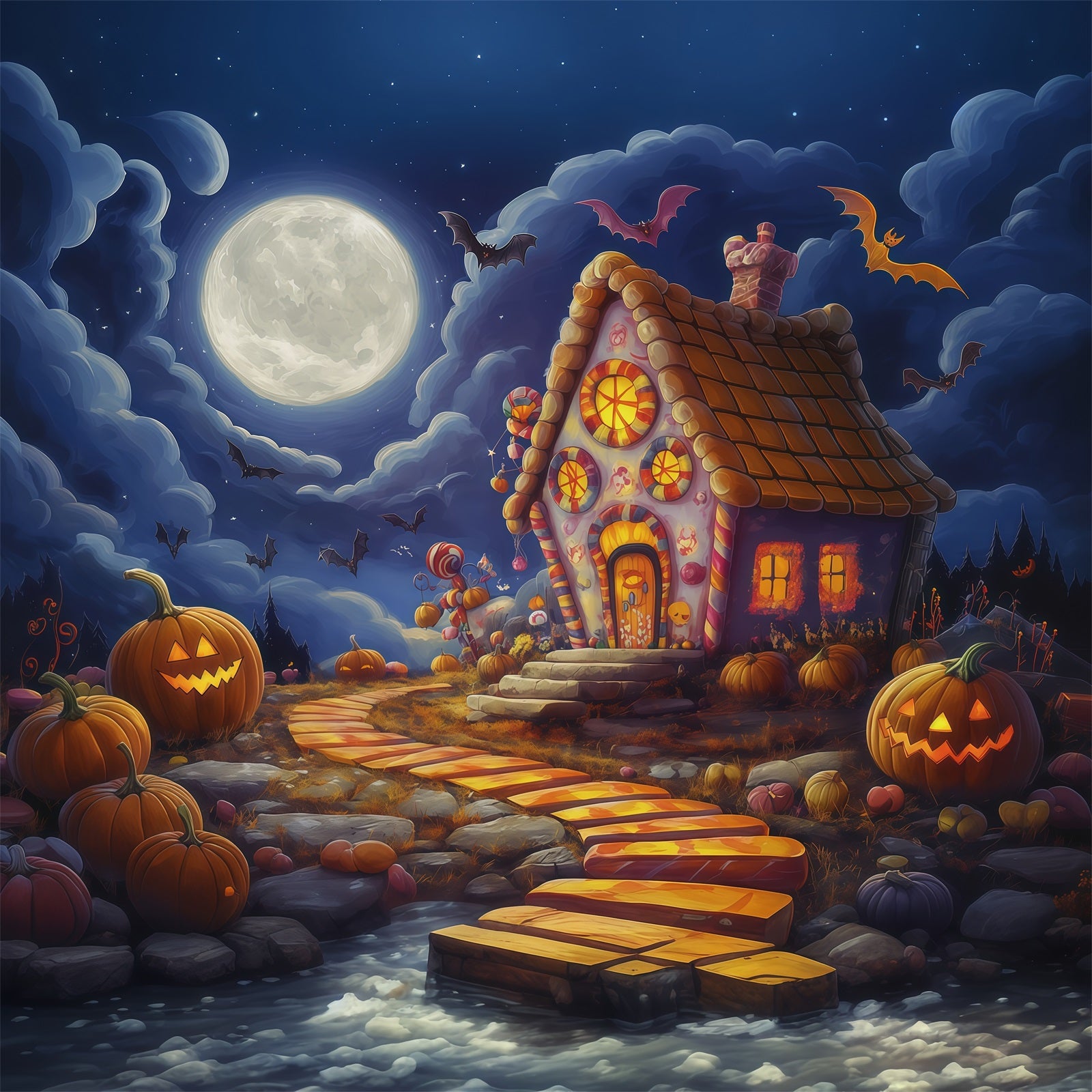 Halloween Backdrop For Photo Booth Moonlit Candy House Pumpkins Cute Halloween Backdrop RR67-23