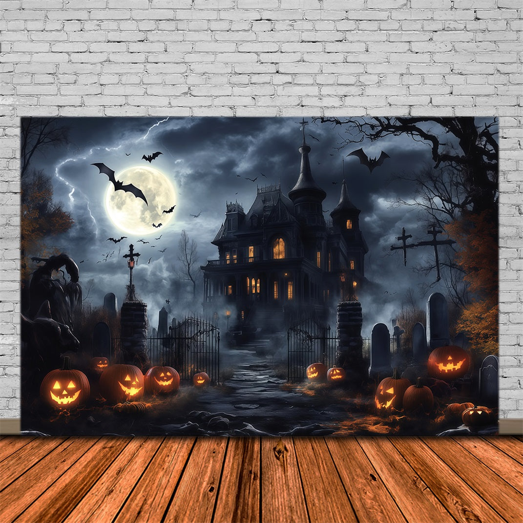 Halloween Spooky Backdrop Stormy Mansion Pumpkin Graveyard Spooky Halloween Backdrops RR67-24