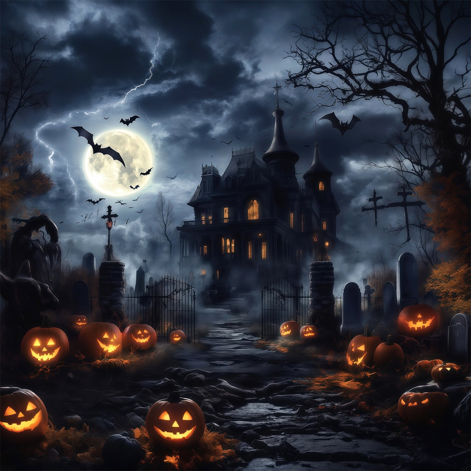 Halloween Spooky Backdrop Stormy Mansion Pumpkin Graveyard Spooky Halloween Backdrops RR67-24