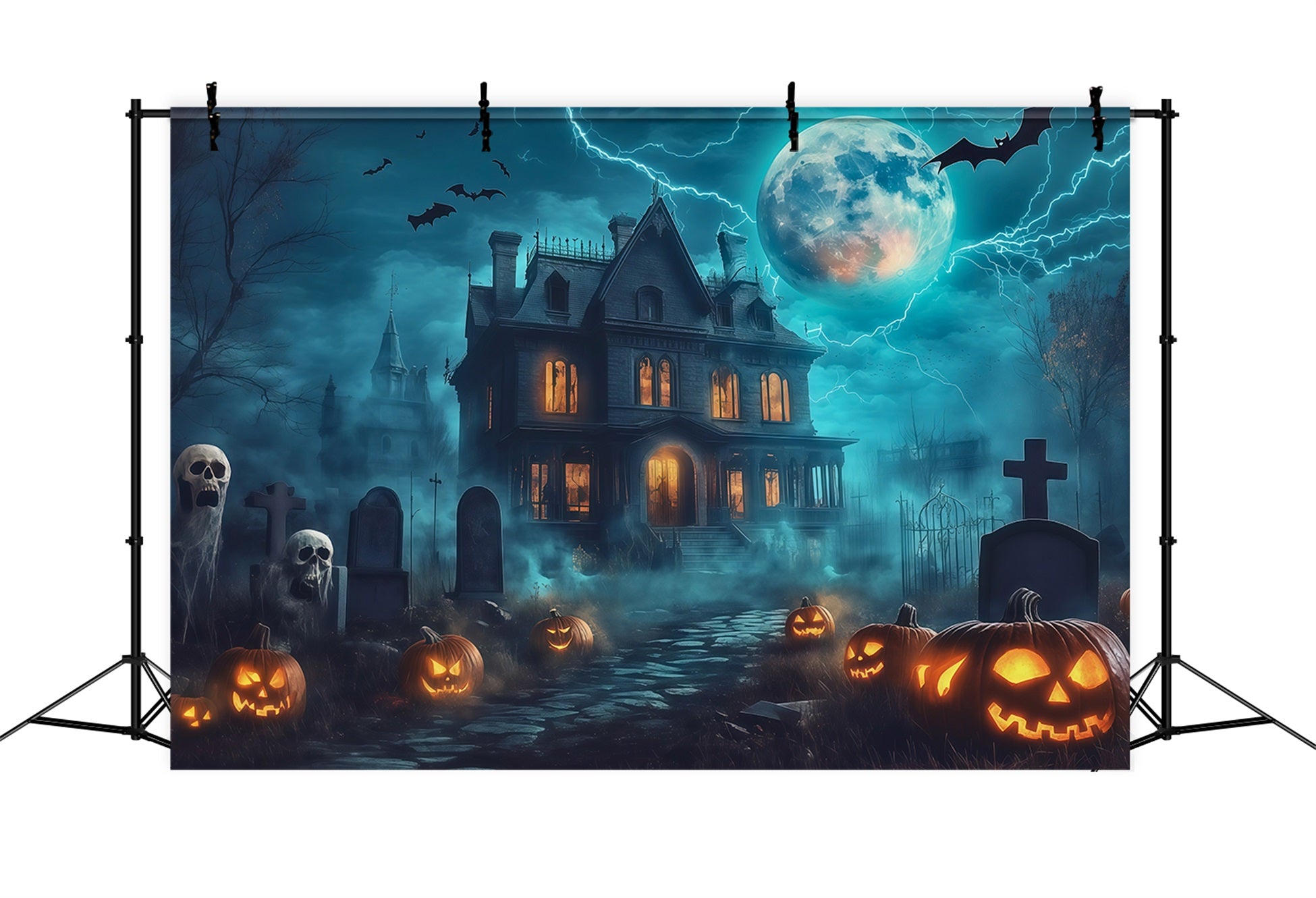 Halloween House Backdrop Lightning Mansion Pumpkin Graveyard Halloween Cemetery Backdrop RR67-27
