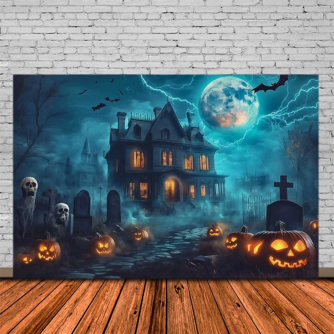 Halloween House Backdrop Lightning Mansion Pumpkin Graveyard Halloween Cemetery Backdrop RR67-27