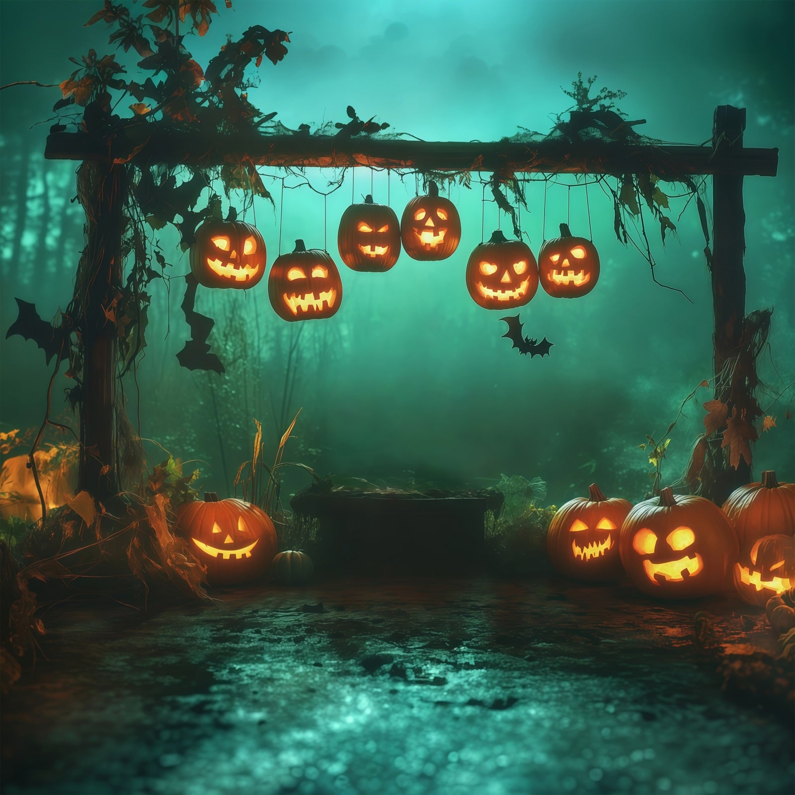 Scary Halloween Backdrop Ideas Hanging Pumpkin Forest Arch Halloween Photoshoot Backdrop RR67-28