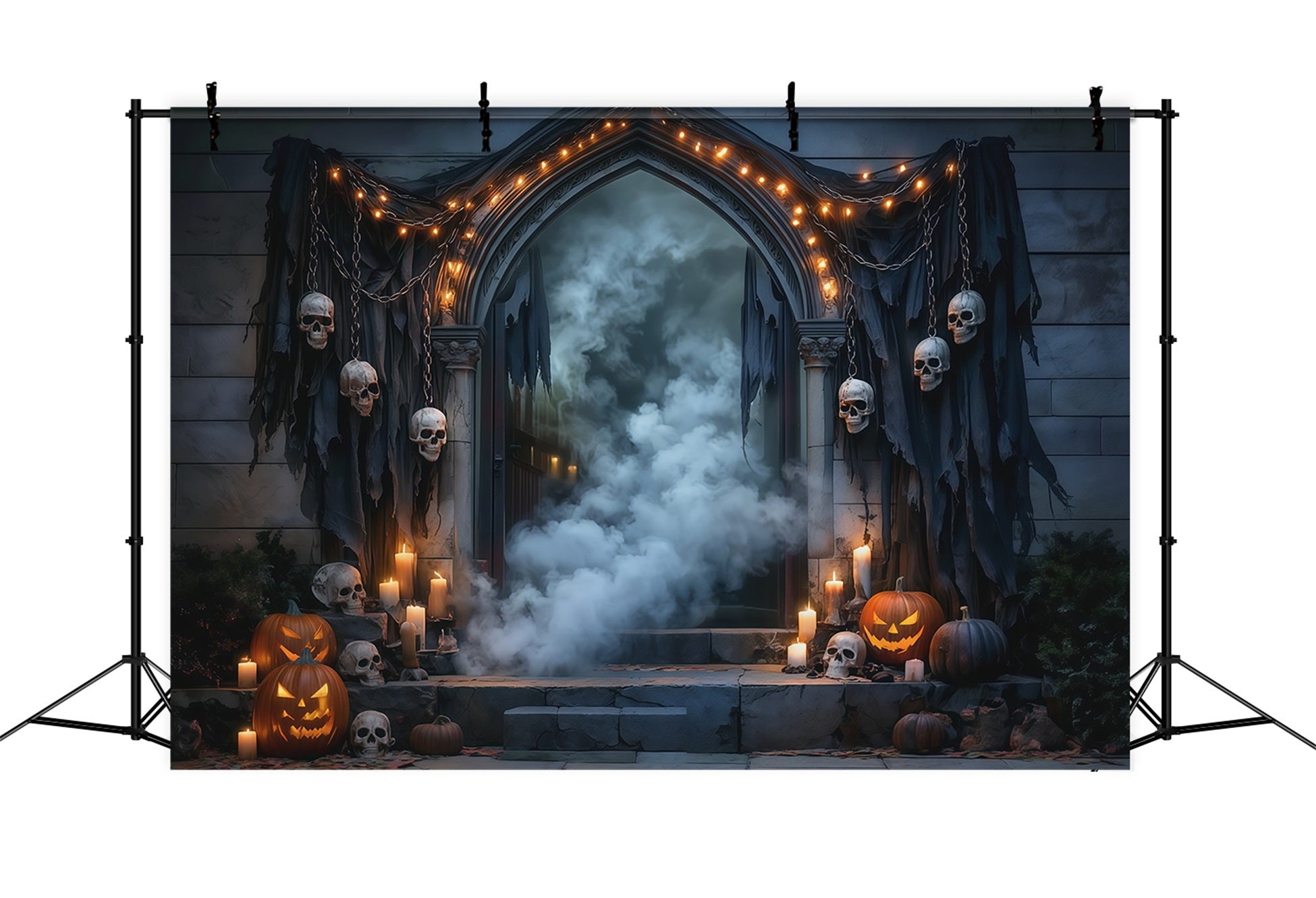 DIY Halloween Backdrop Ideas Skull Draped Foggy Doorway Scary Backdrops For Halloween RR67-31