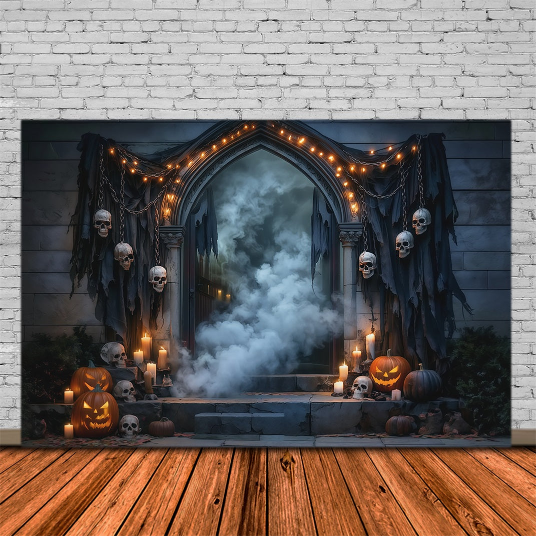 DIY Halloween Backdrop Ideas Skull Draped Foggy Doorway Scary Backdrops For Halloween RR67-31