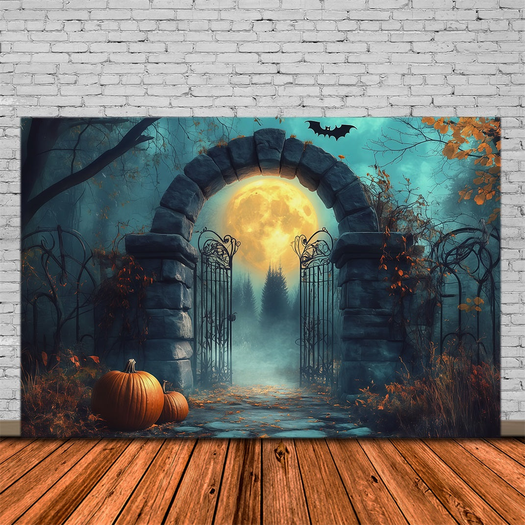 Halloween Arch Backdrop Moonlit Stone Gate Pumpkins Large Halloween Backdrops RR67-33