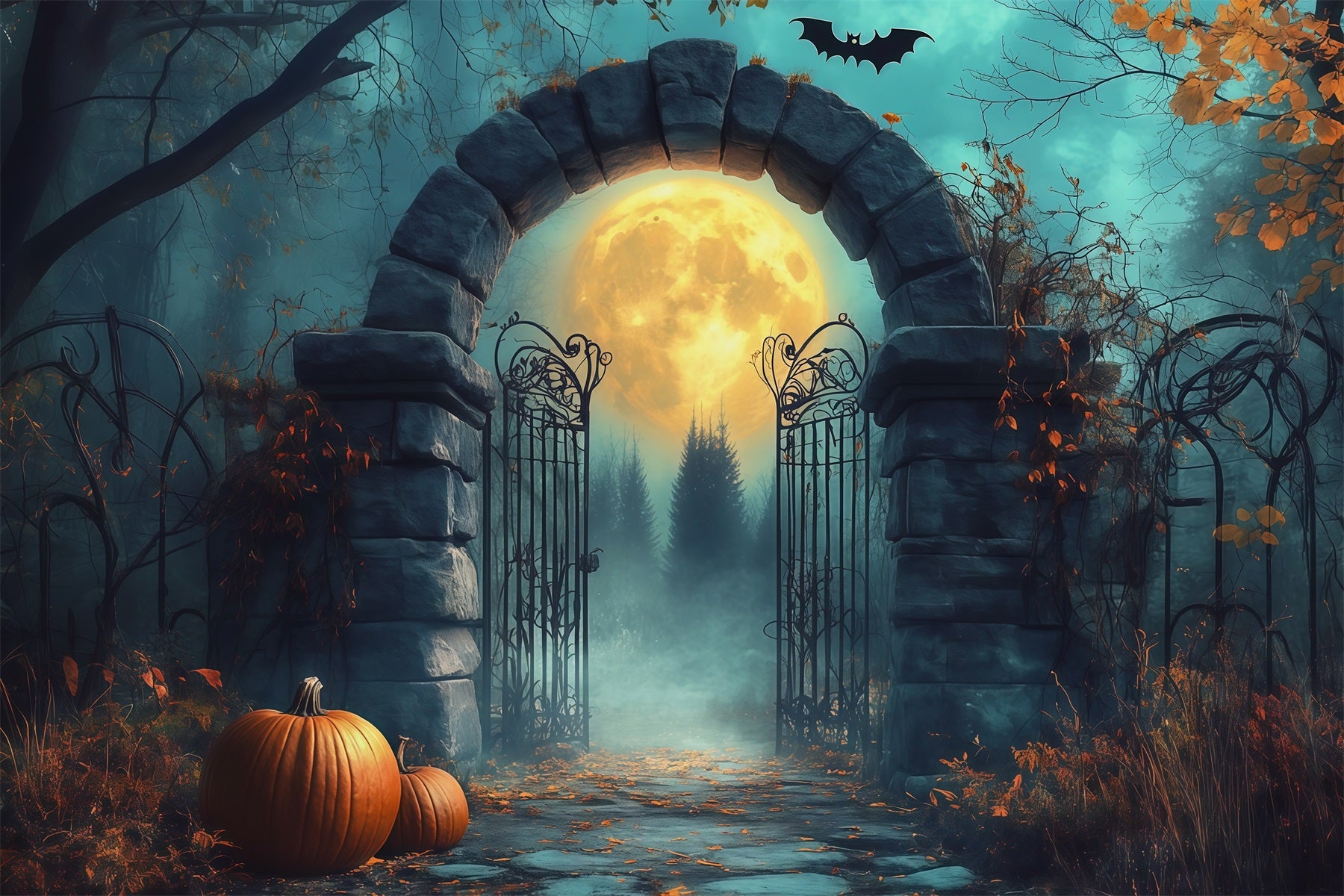 Halloween Arch Backdrop Moonlit Stone Gate Pumpkins Large Halloween Backdrops RR67-33
