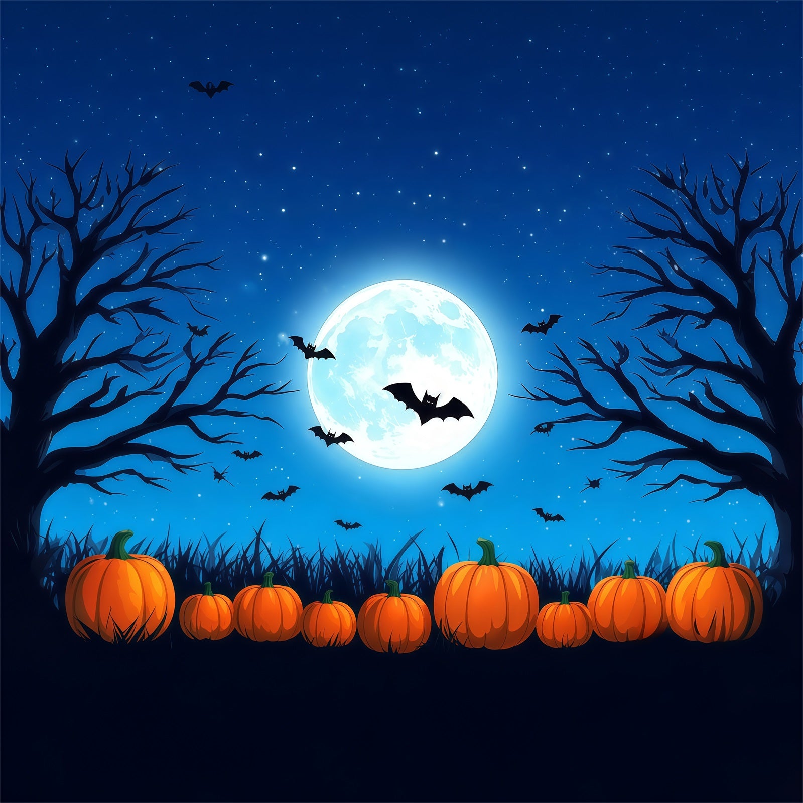 Halloween Backdrop Photo Booth Blue Moon Pumpkin Bats Backdrops Halloween RR67-34
