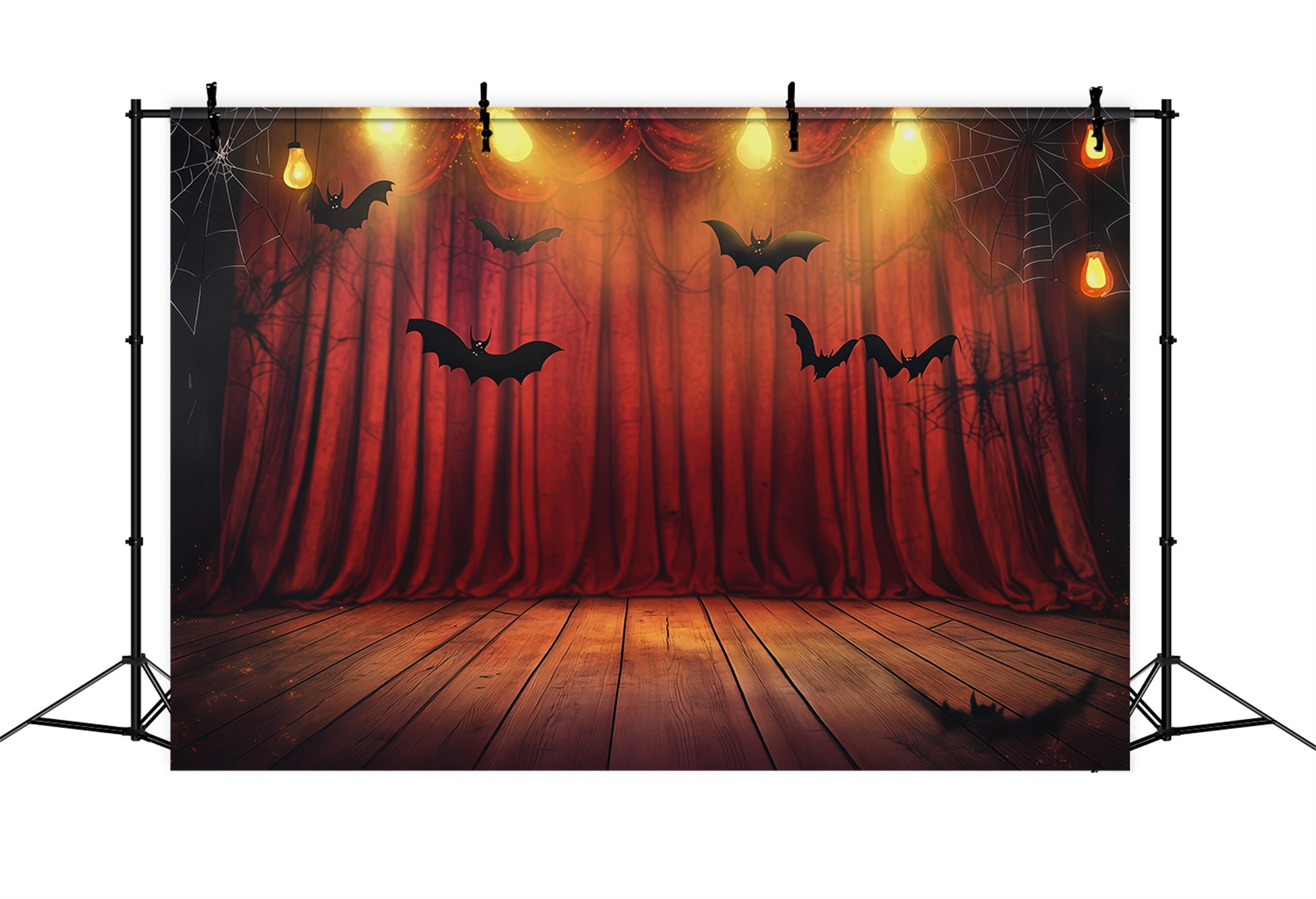 Halloween Stage Backdrop Red Curtain Bat Stage Halloween Photography Backdrops RR67-35