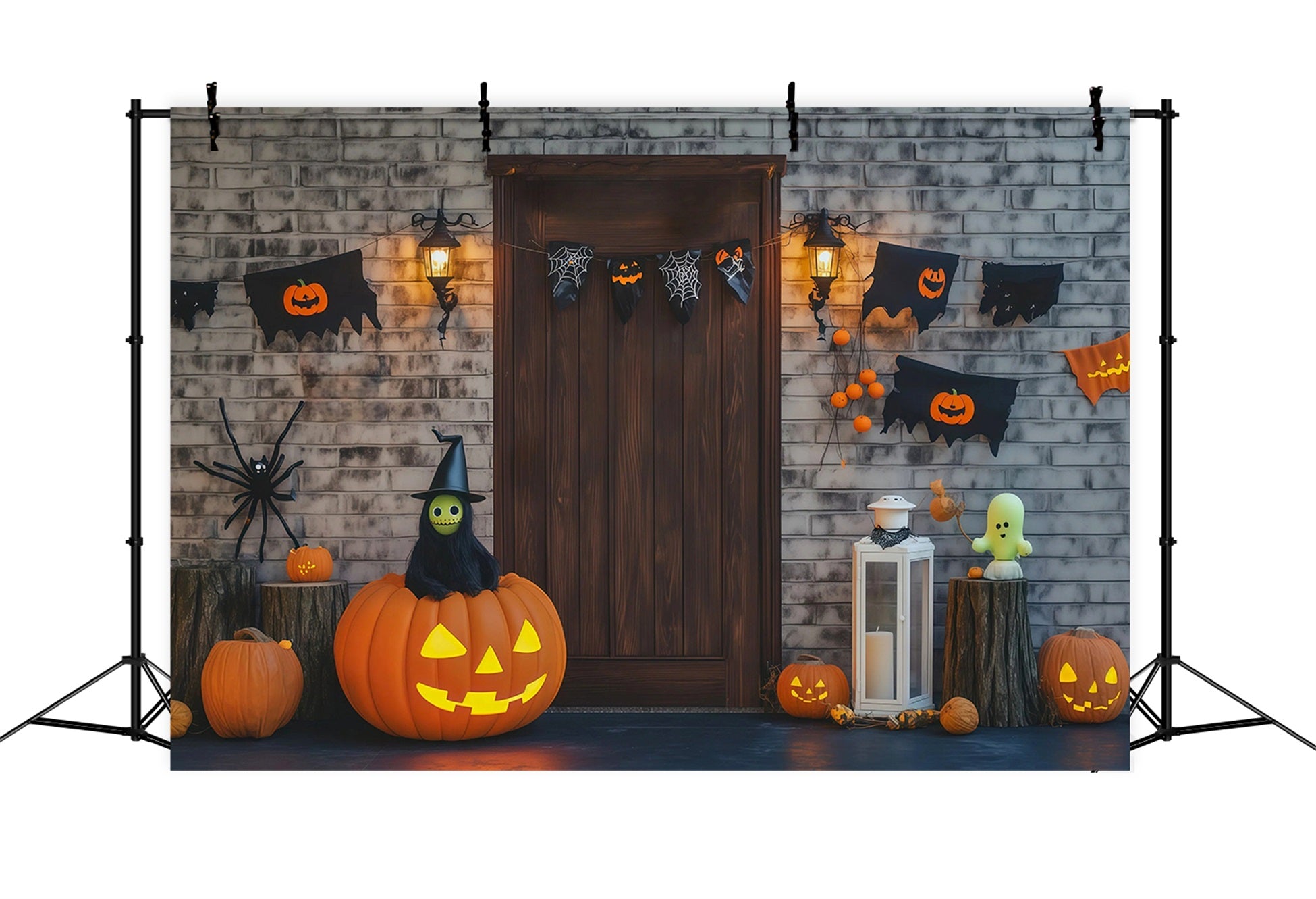 Halloween Theme Backdrop Brick Door Pumpkin Decorations Halloween Backdrop For Photos RR67-4