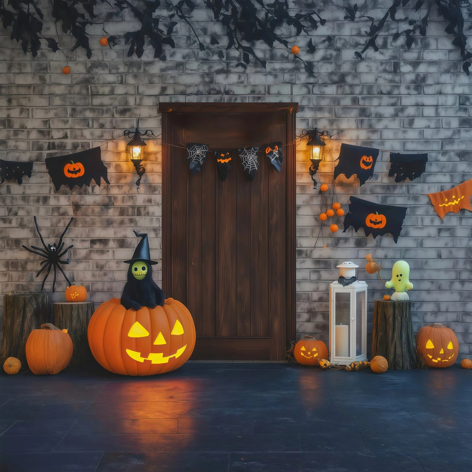Halloween Theme Backdrop Brick Door Pumpkin Decorations Halloween Backdrop For Photos RR67-4
