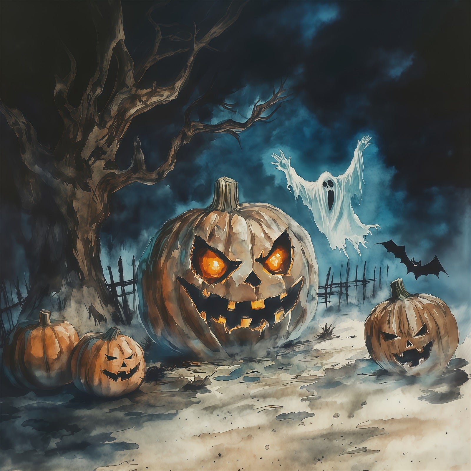 Halloween Backdrop Photography Watercolor Pumpkin Ghost Tree Halloween Scary Backdrop RR67-42