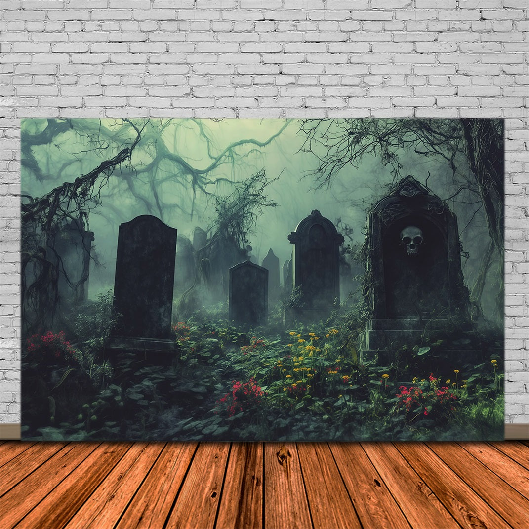 Halloween Cloth Backdrop Misty Overgrown Graveyard Tombstones Graveyard Halloween Backdrops RR67-43